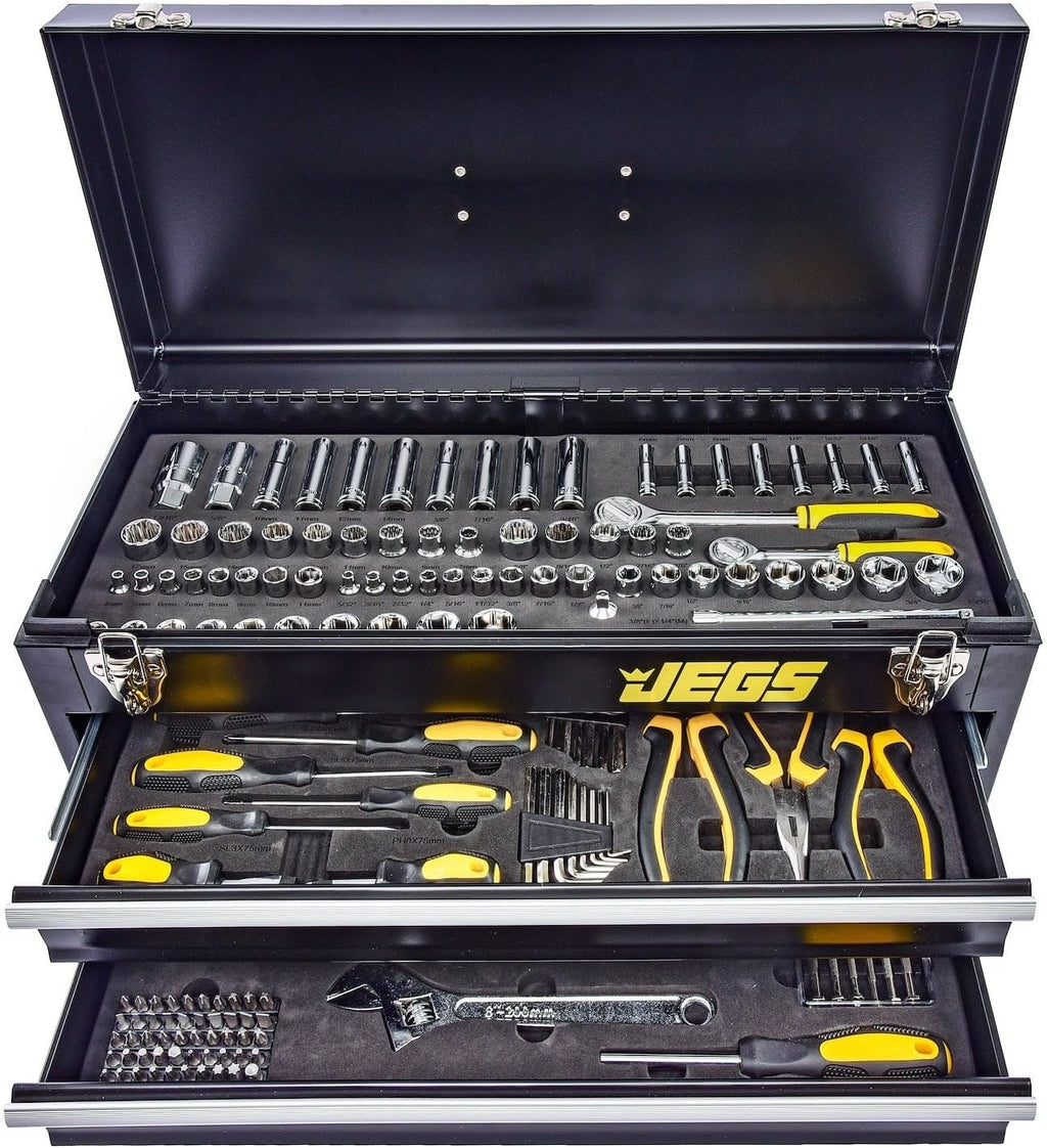 JEGS 170-Piece Mechanic's Tool Set - Includes Black Powder Coated Steel Toolbox, Sockets, Extenders, Ratchets, Wrenches, Screwdrivers, Pliers & Bits
