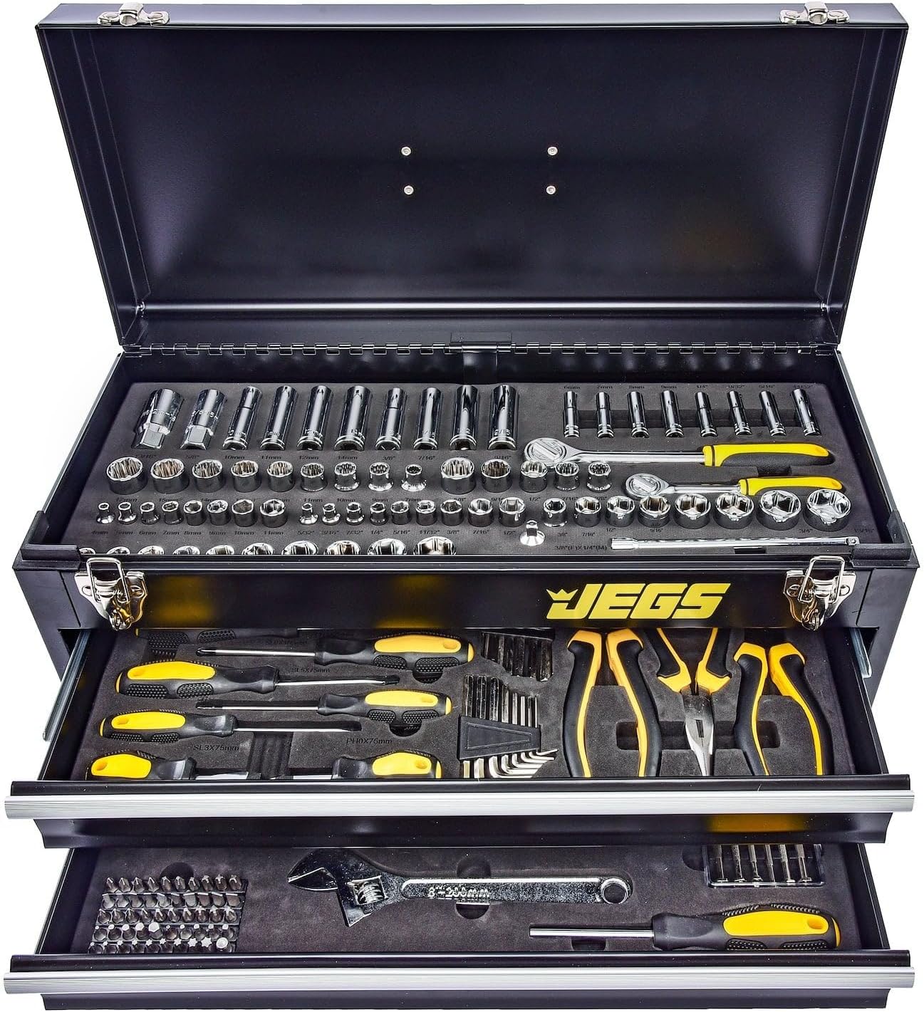 JEGS 170-Piece Mechanic's Tool Set - Includes Black Powder Coated Steel Toolbox, Sockets, Extenders, Ratchets, Wrenches, Screwdrivers, Pliers & Bits
