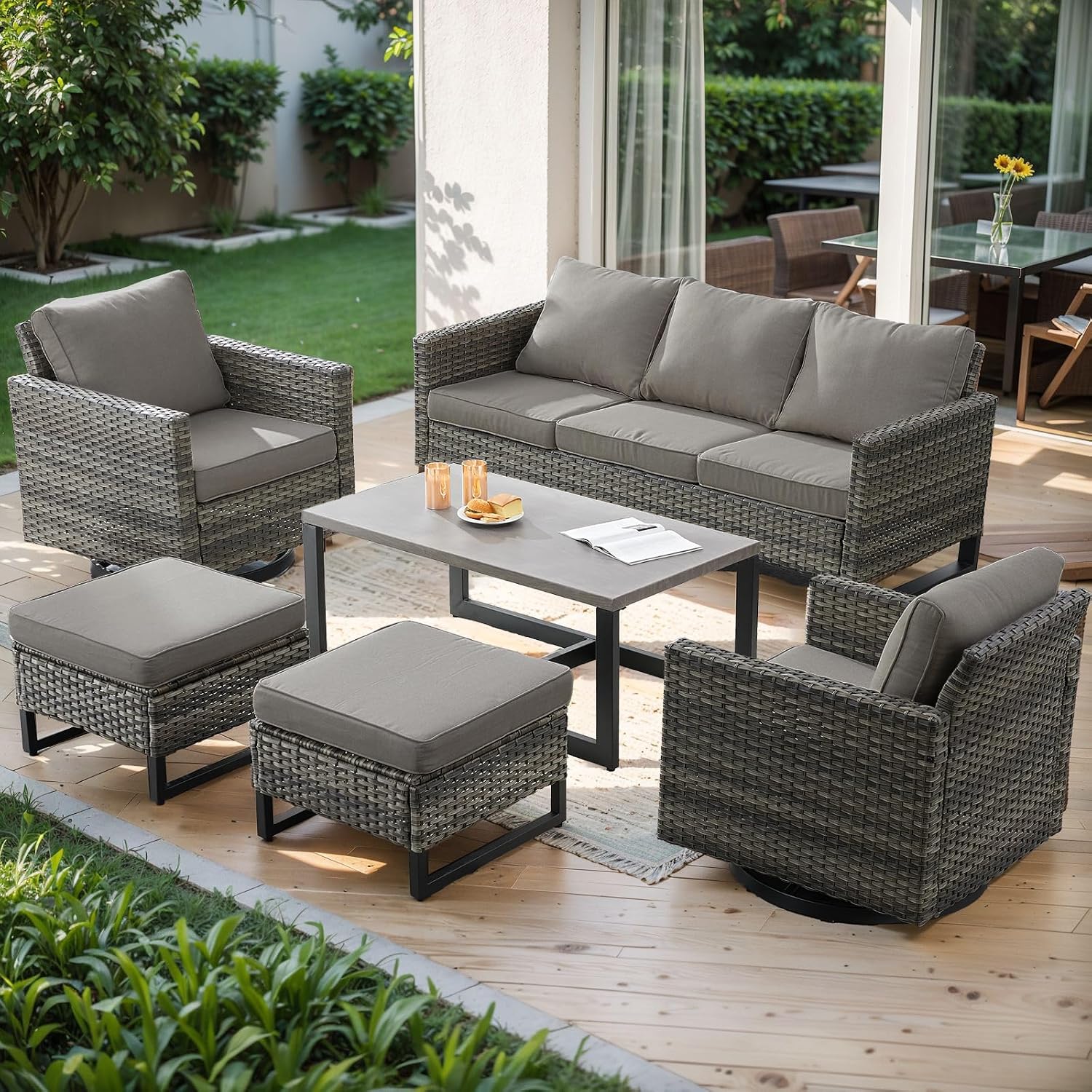 Wicker Outdoor Patio Furniture Set - 6 Piece Patio Conversation Set with 2 Swivel Rocker Chairs,2 Rattan Ottoman,1 Couch and 1 Metal Coffee Table for Outside Porch Deck Backyard(Mixed Grey/Grey)