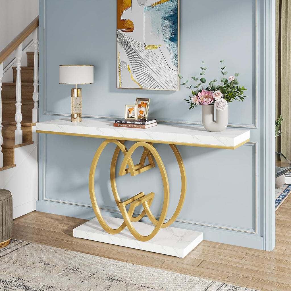 Tribesigns 55 Inch Console Table for Hallway, Faux Marble Gold Entryway Table with Geometric Metal Base, Modern Narrow Sofa Accent Table for Entrance, Living Room, Foyer (White & Gold)