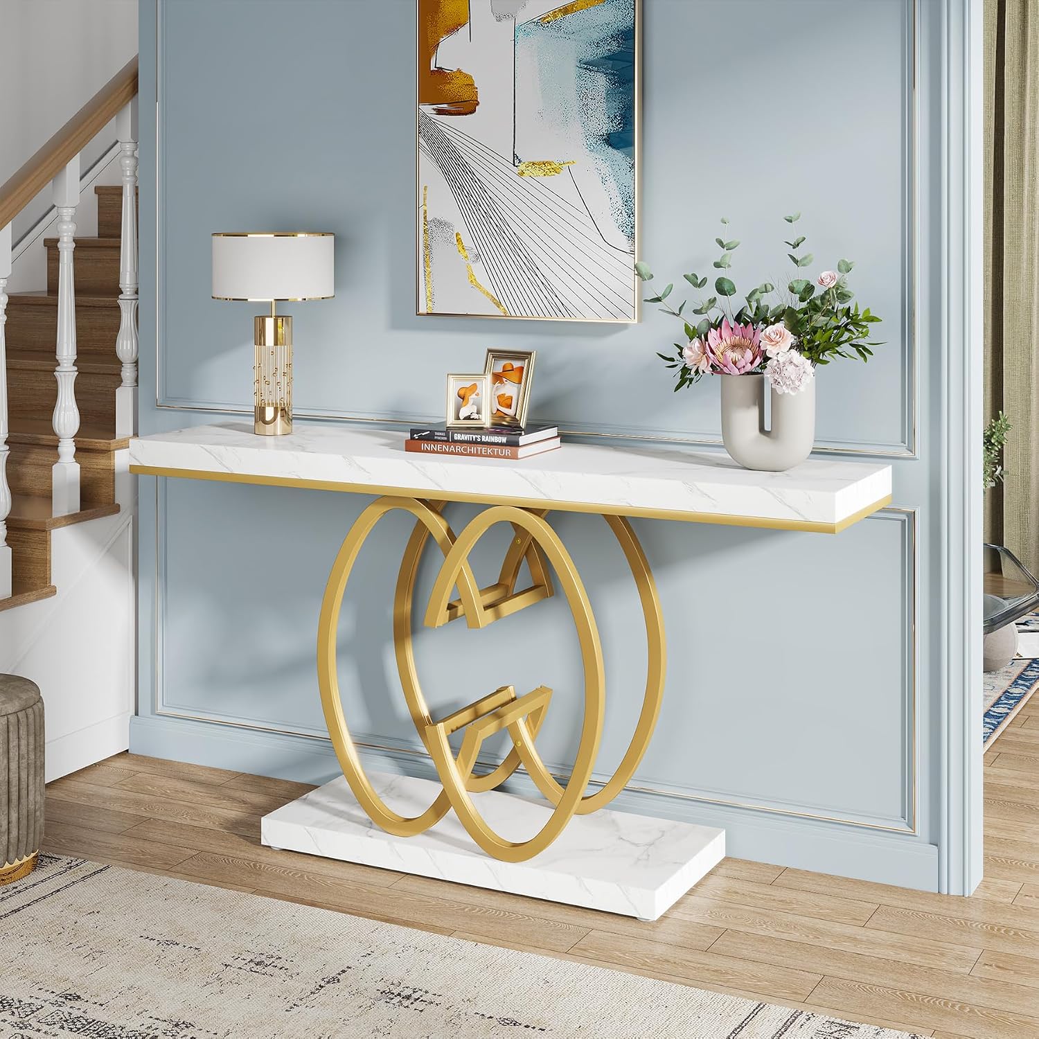 Tribesigns 55 Inch Console Table for Hallway, Faux Marble Gold Entryway Table with Geometric Metal Base, Modern Narrow Sofa Accent Table for Entrance, Living Room, Foyer (White & Gold)