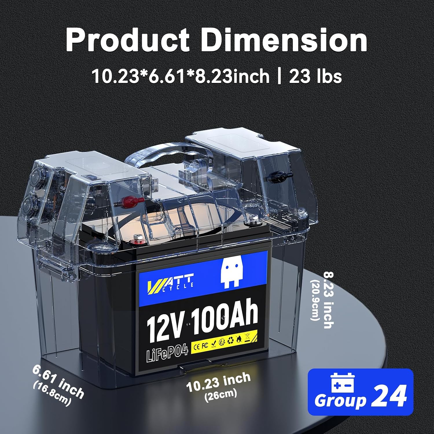 WattCycle 12V 100Ah LiFePO4 Deep Cycle Battery - BCI Group 24, 15000 Cycles, 100A BMS, -4℉ Protection for RV Boondocking, Golf Cart, Marine & Home Energy Storage with 12V 20A Charger
