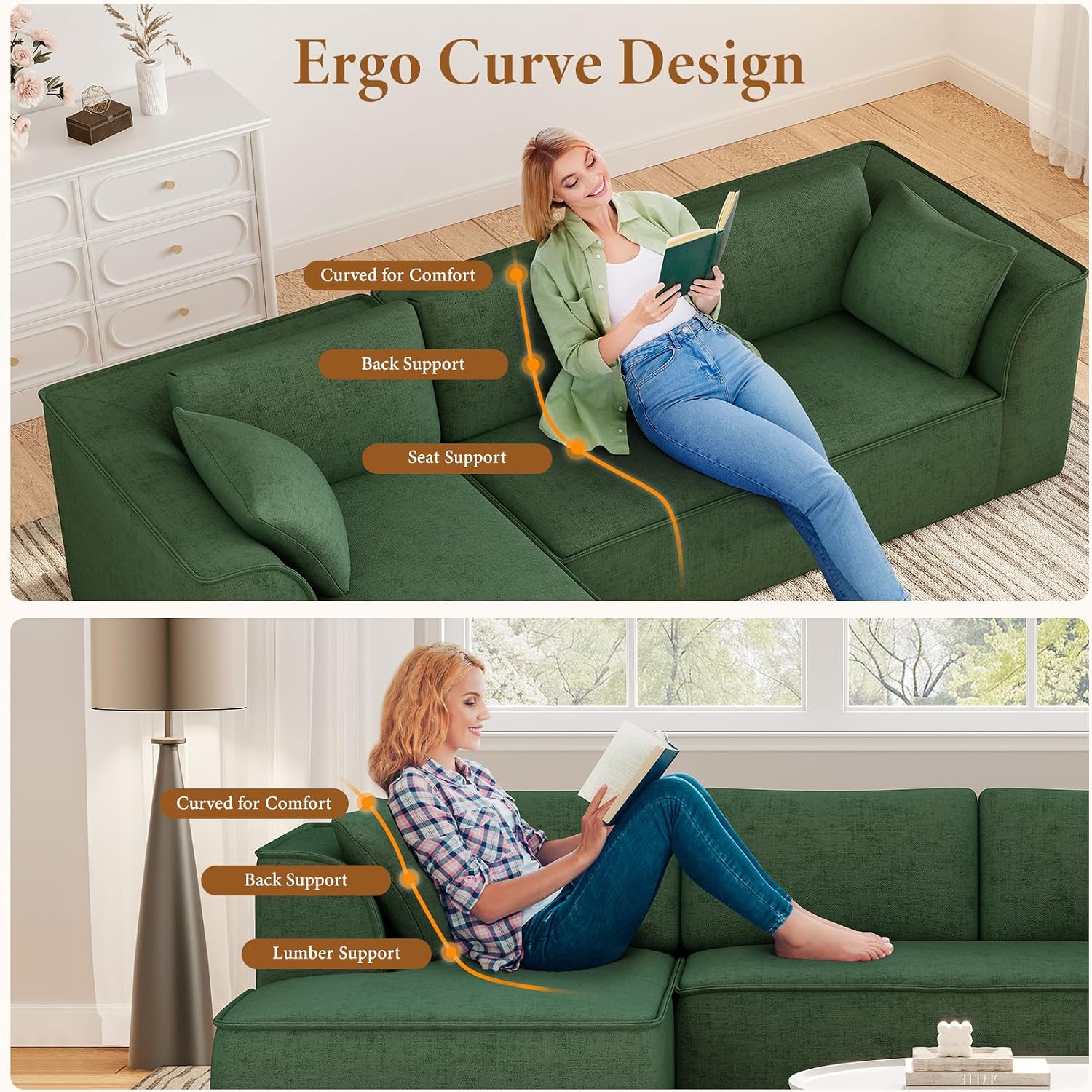 Vesgantti 106' Cloud Couch Sectional Modular Sofa, Deep Seat Comfy Cloud Couch Chenille Memory Foam Sofa Modular Couches for Living Room Bedroom, No Assembly Required (Green, Left-Facing Chaise)