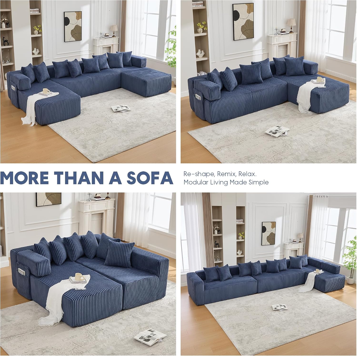 Oversized Cloud Boneless Couch with Chaise, 146' Modern U Shape Modular Deep Seat Sectional Sofa, Comfy Corduroy Upholstered Couches for Living Room, No Assembly Required-Blue