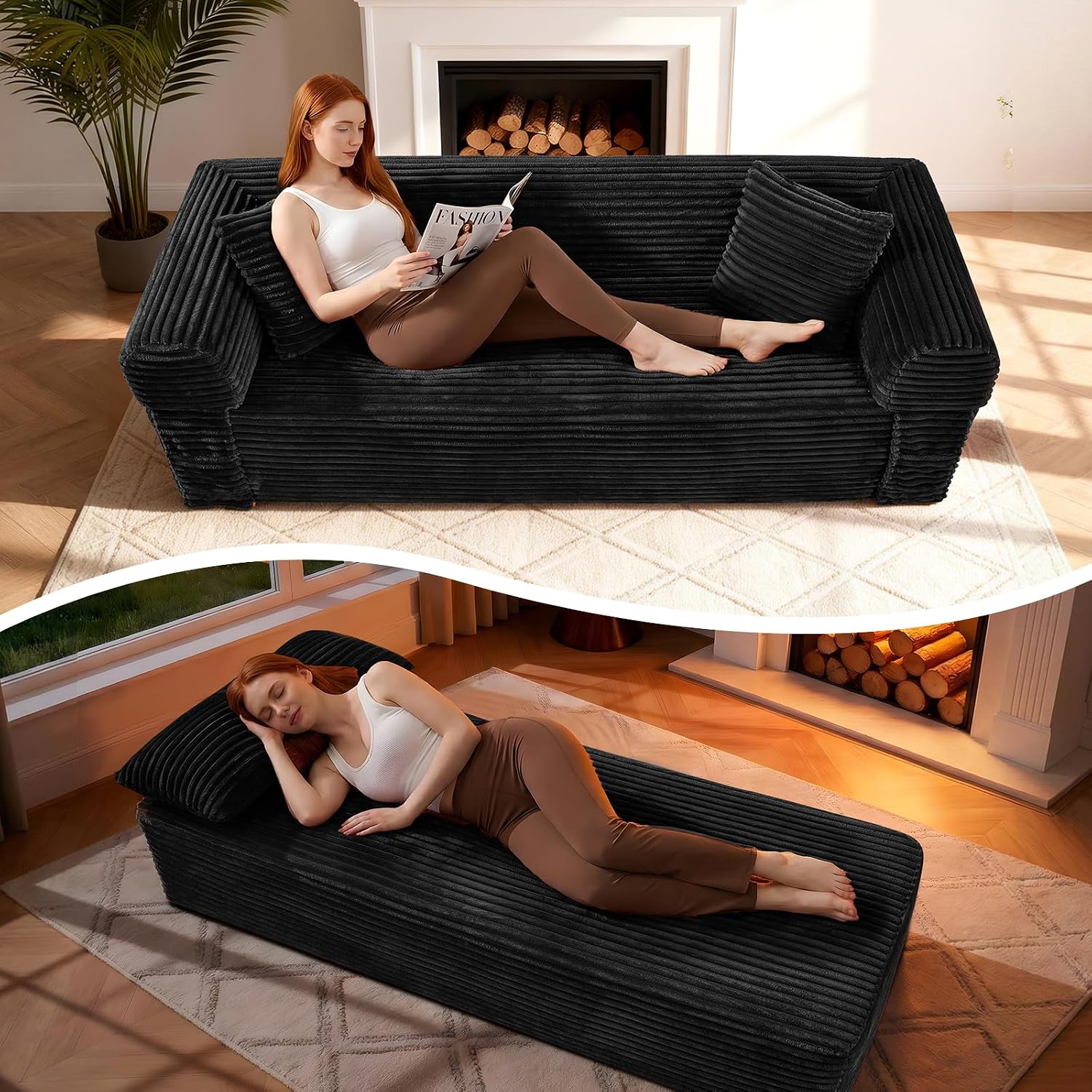 3 Seater Sofa Couch for Living Room (Black, 30' D + 2 Pillows +Fixed-Shape Frame)