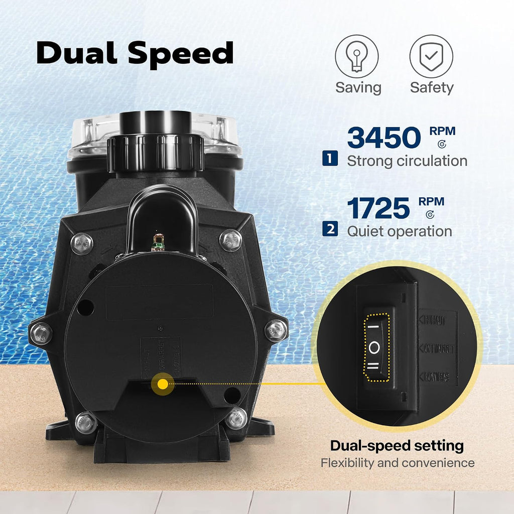VIVOHOME 2.5HP 230V Pool Pump, Dual Speed with High Lift 79FT, Self-Priming DOE Energy Saving, 1.5' & 2' Connectors w/Strainer Basket for In-Ground Pools