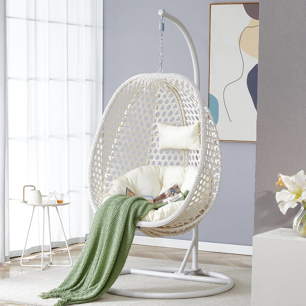 Egg Chair Indoor Outdoor - Hanging Swing Chair for Bedroom, Patio, Balcony & Backyard - Heavy Duty 350LBS - White
