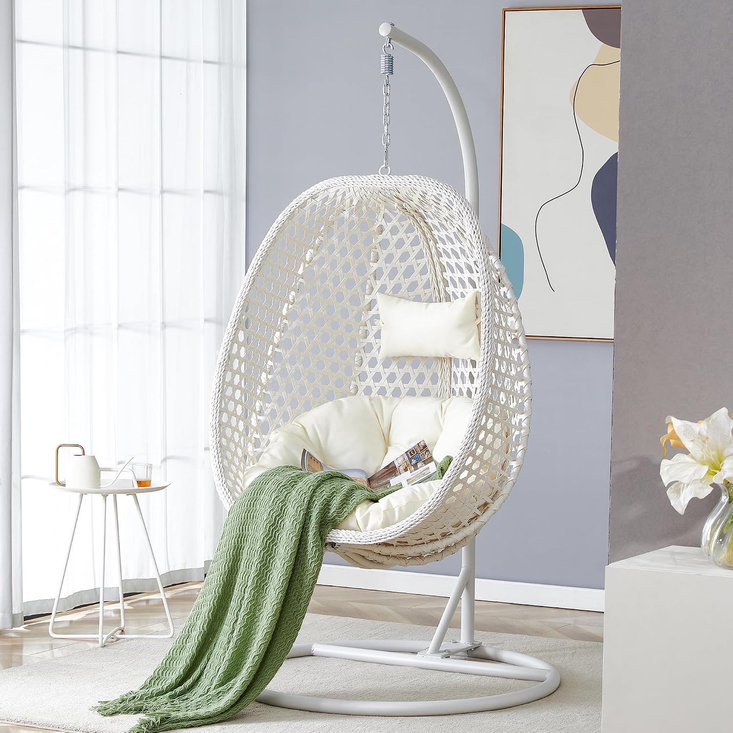 Egg Chair Indoor Outdoor - Hanging Swing Chair for Bedroom, Patio, Balcony & Backyard - Heavy Duty 350LBS - White