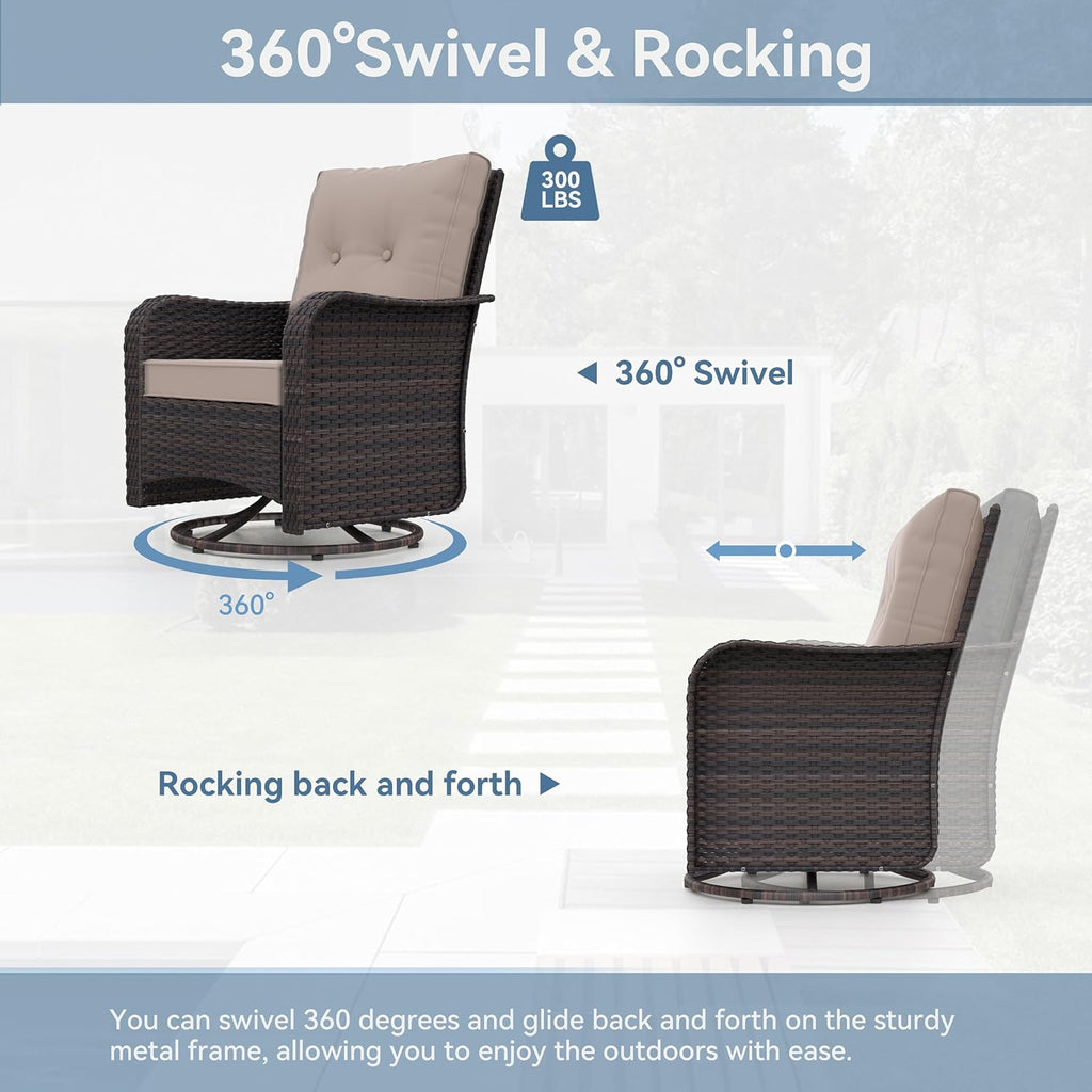 Kurapika 3 Pieces Patio Furniture Set Outdoor Swivel Gliders Rocker, Wicker Patio Bistro Set, Rattan Rocking Chair with Tempered Glass Side Table and Thickened Cushions (Sand)