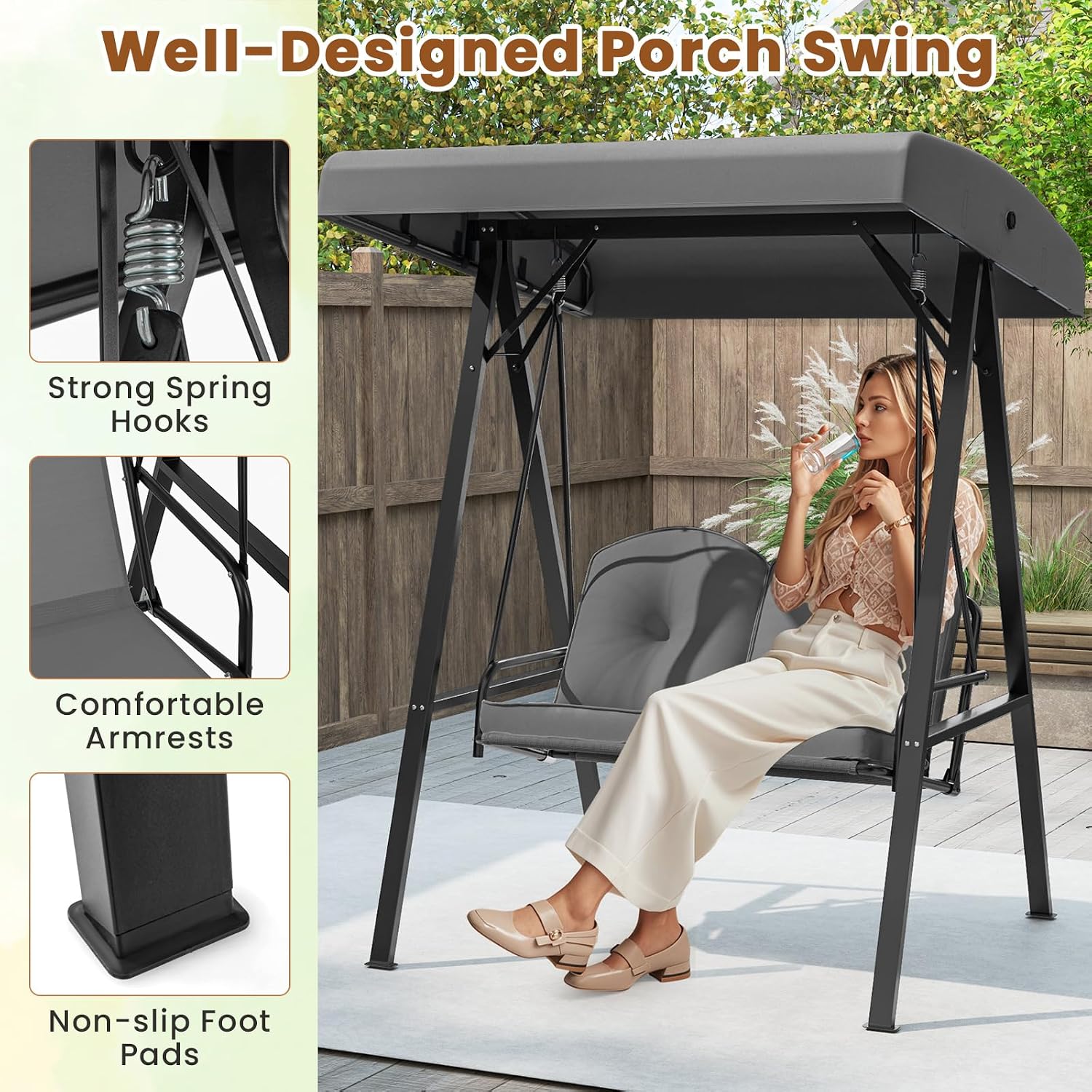 Tangkula 2 Person Porch Swing, Patio Swing with Adjustable Canopy, Heavy-Duty Metal Frame & Soft Cushion, Outdoor Swing for Backyard, Garden (Grey)