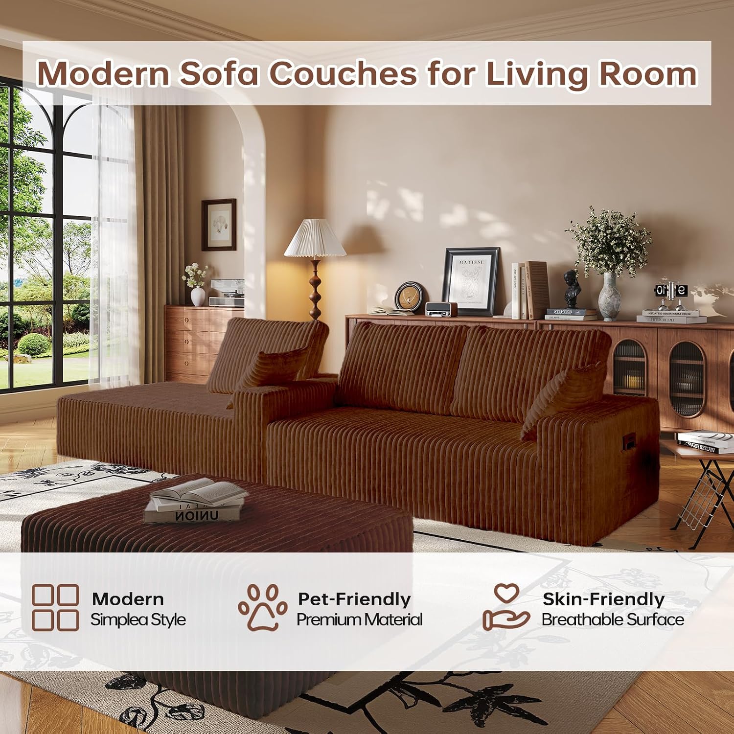 108' Brown Modular Sectional Cloud Couch for Living Room Deep Seat L Shapes Boneless Couch with Oversized Chaise Lounge, Comfy Memory Foam Flannel Fabric Sofa for Bedroom Apartment,