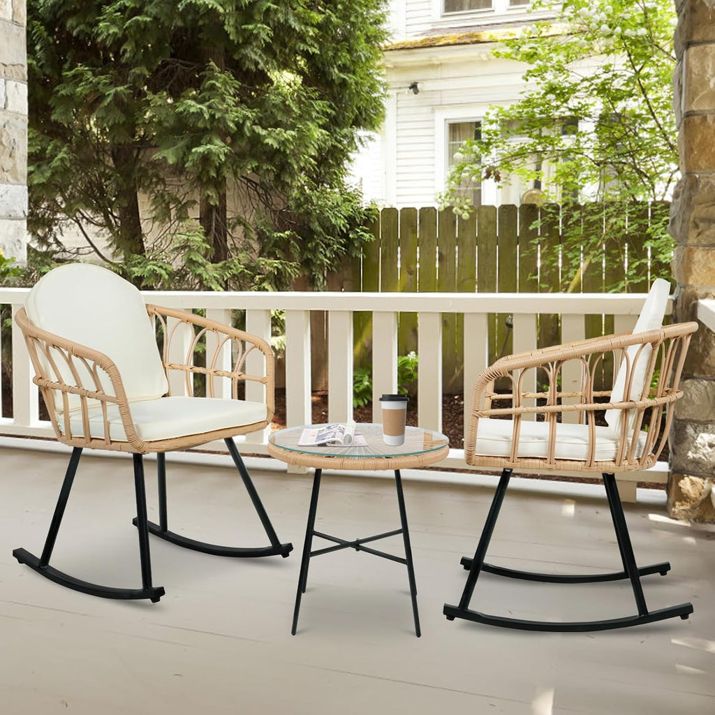 Vikiullf 3 Pieces Rocking Chairs Set - Outdoor Wicker Rattan Rocking Chairs with Thickened Cushions, Boho Patio Furniture, Patio Conversation Bistro Sets, for Balcony Garden Porch Living Room
