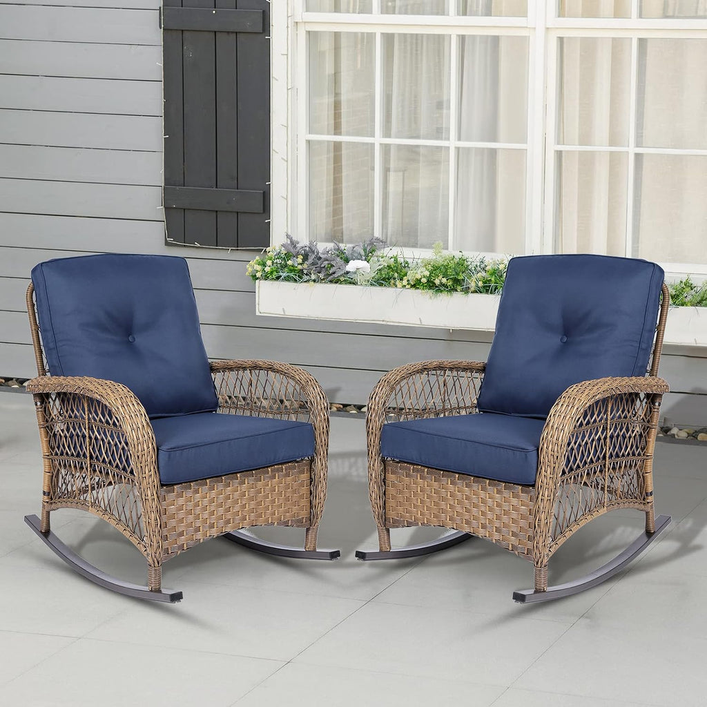 Outdoor Wicker Rocking Chair with Thickened Cushions, All-Weather Rattan Patio Rocking Chairs, Patio Wicker Rocker Chair for Backyard, Beige, Set of 2, Navy Blue