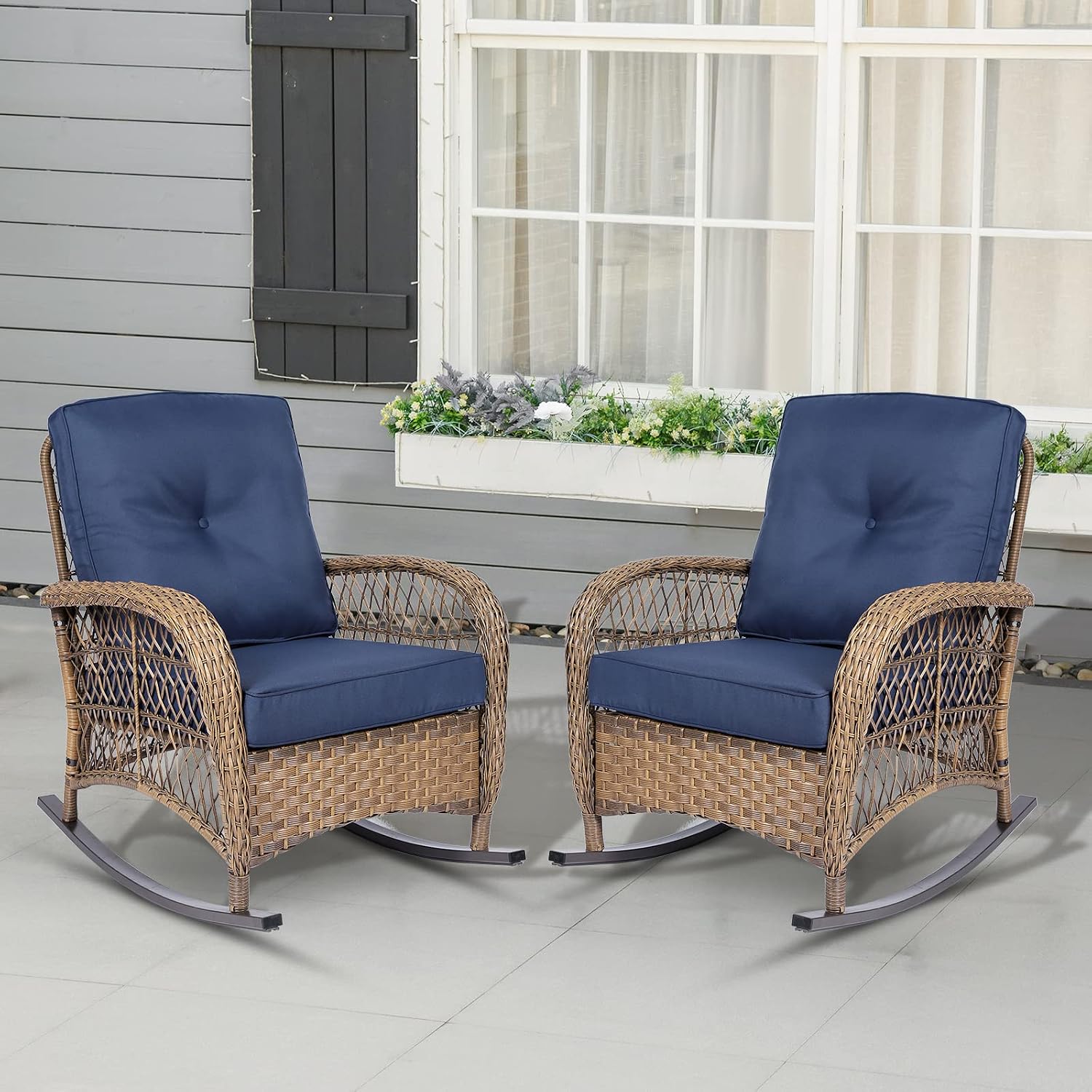 Outdoor Wicker Rocking Chair with Thickened Cushions, All-Weather Rattan Patio Rocking Chairs, Patio Wicker Rocker Chair for Backyard, Beige, Set of 2, Navy Blue