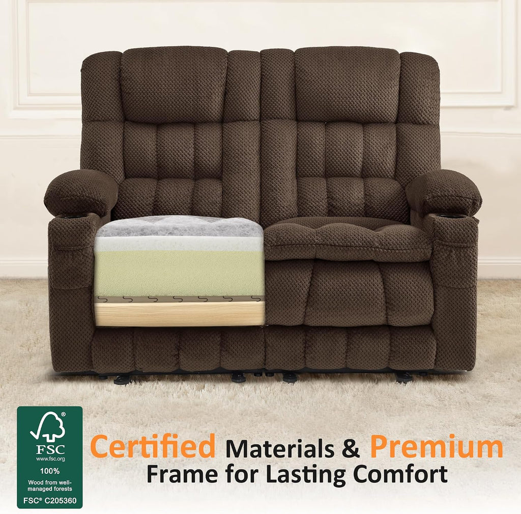 MCombo 57' Reclining Loveseat with Heat and Massage, Zero Gravity Recliner Loveseat Sofa with Dual USB Charging Ports for Living Room, Fabric 6314 (Brown)