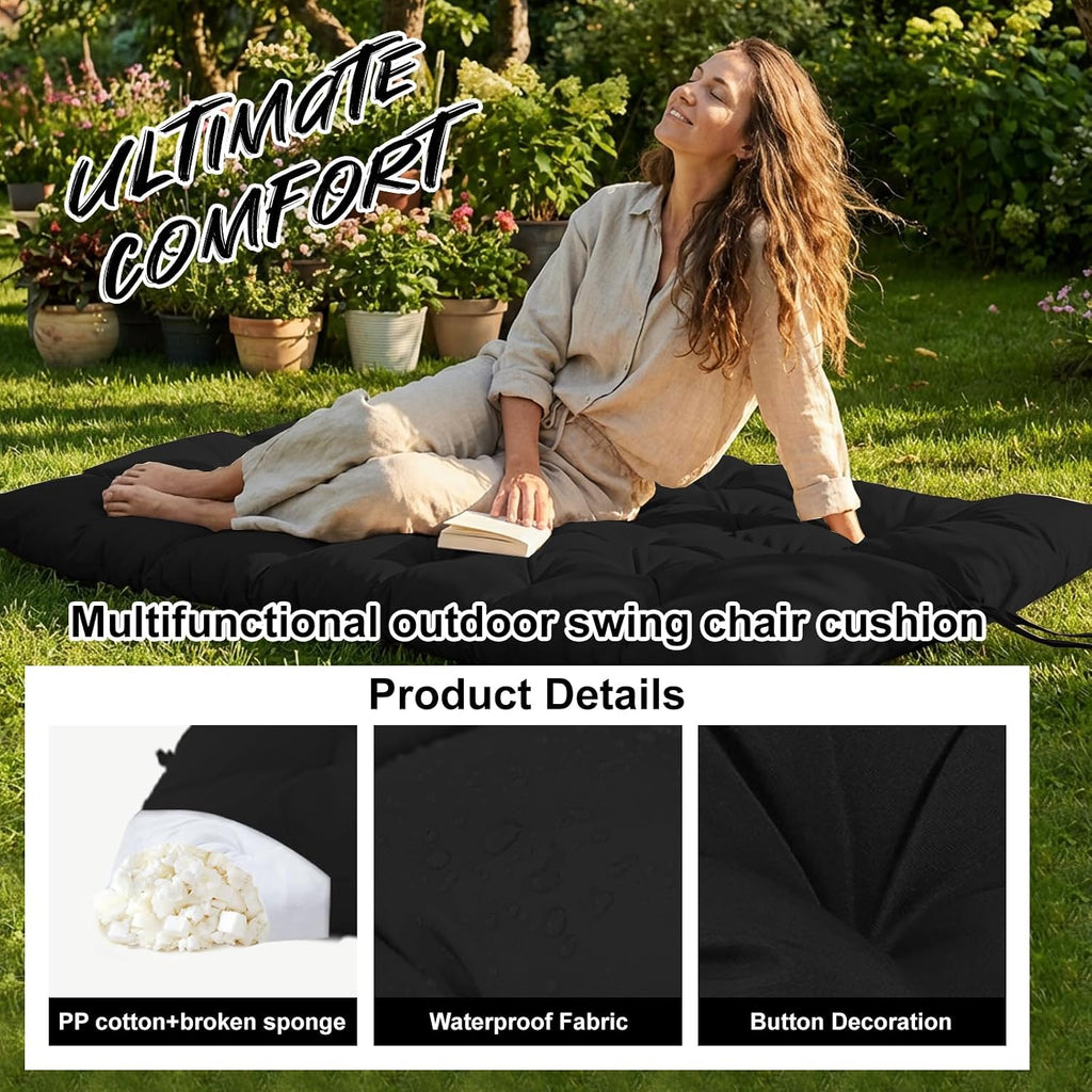 Waterproof Porch Swing Cushion Replacement, 2–3 Seat Swing Seat Cushion with Backrest & Ties, Thick Outdoor Bench Cushion for Patio Garden Porch (Black 40 x 60 in)