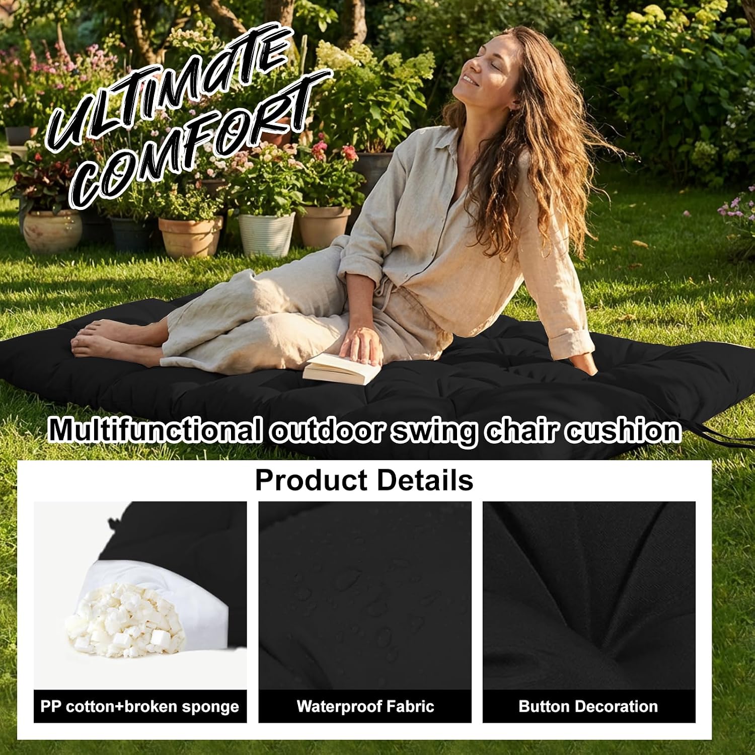 Waterproof Porch Swing Cushion Replacement, 2–3 Seat Swing Seat Cushion with Backrest & Ties, Thick Outdoor Bench Cushion for Patio Garden Porch (Black 40 x 60 in)