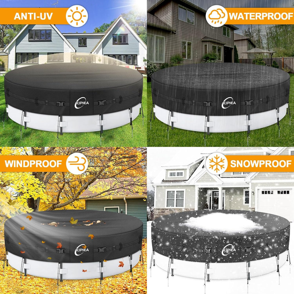 Kipiea Heavy Duty 500D 24ft Round Pool Cover for Above Ground Pools, Swimming Pool Cover with Full Circle Straps, Anti-Slip Straps and Tent Stakes, Featuring Windproof, Waterproof and Dustproof Design