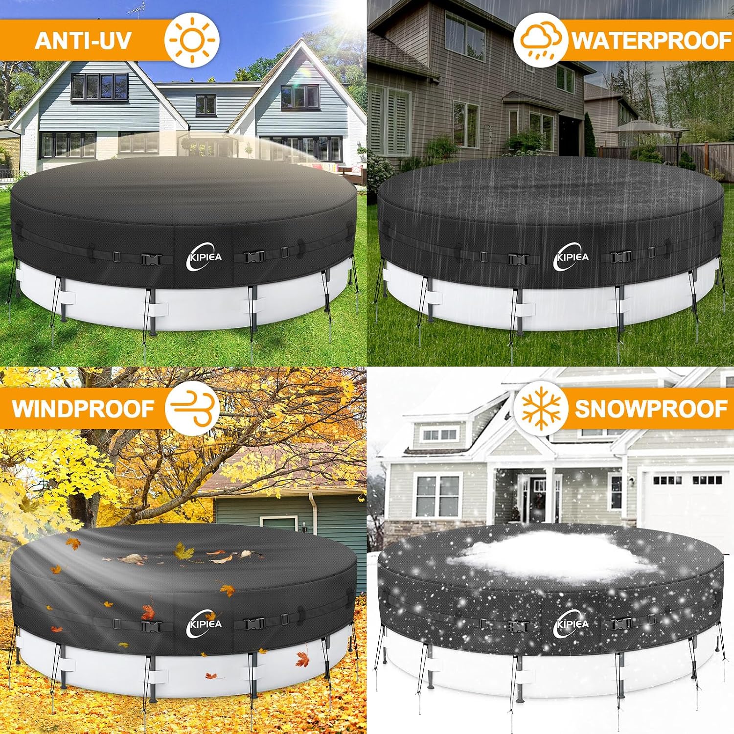 Kipiea Heavy Duty 500D 24ft Round Pool Cover for Above Ground Pools, Swimming Pool Cover with Full Circle Straps, Anti-Slip Straps and Tent Stakes, Featuring Windproof, Waterproof and Dustproof Design