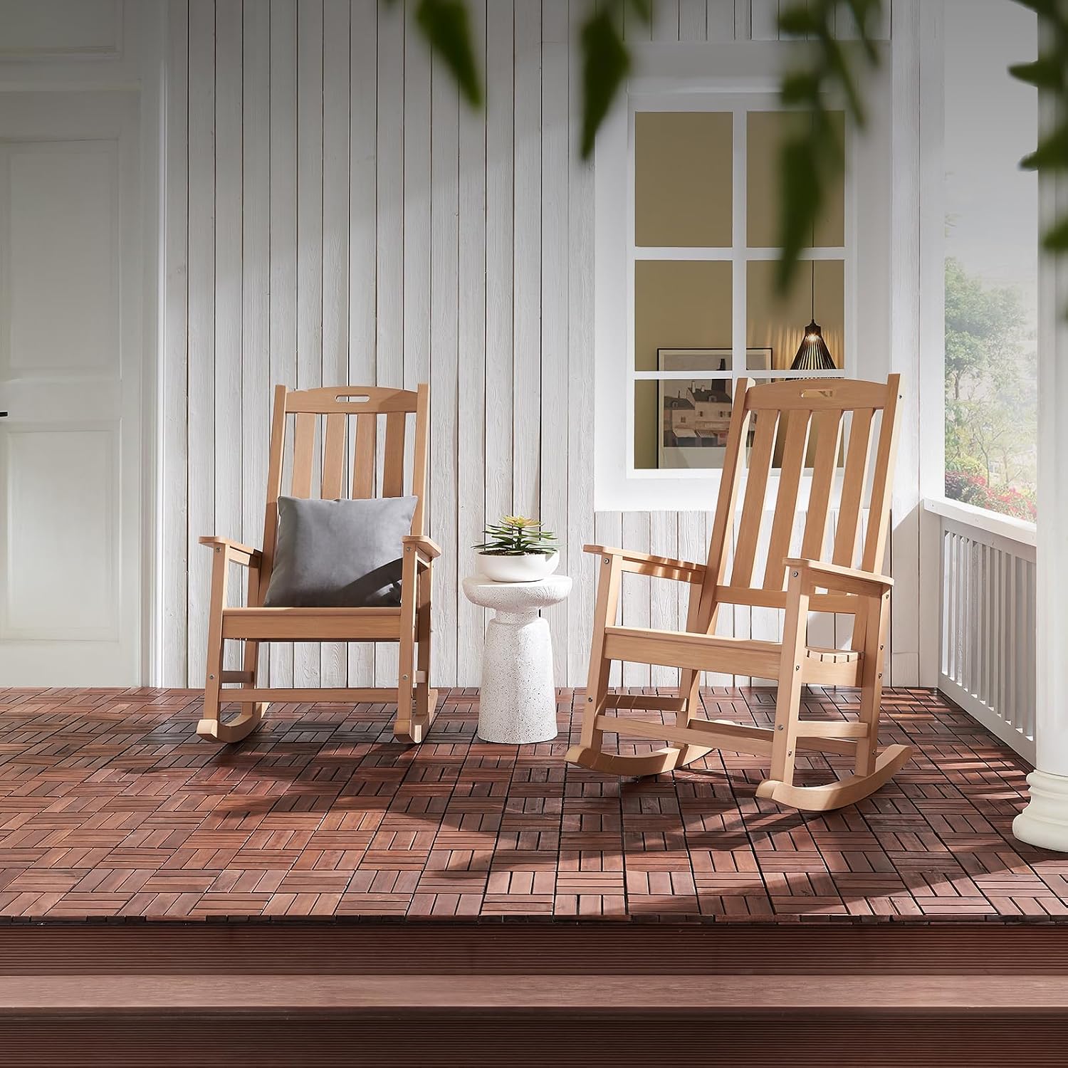 Psilvam Oversized Outdoor Rocking Chair Set of 2, Porch Rocker with 21' Wide Seat and 32' Tall Backrest, Pre-Assembled with Most Components for Effortless Installation (Teak Color)