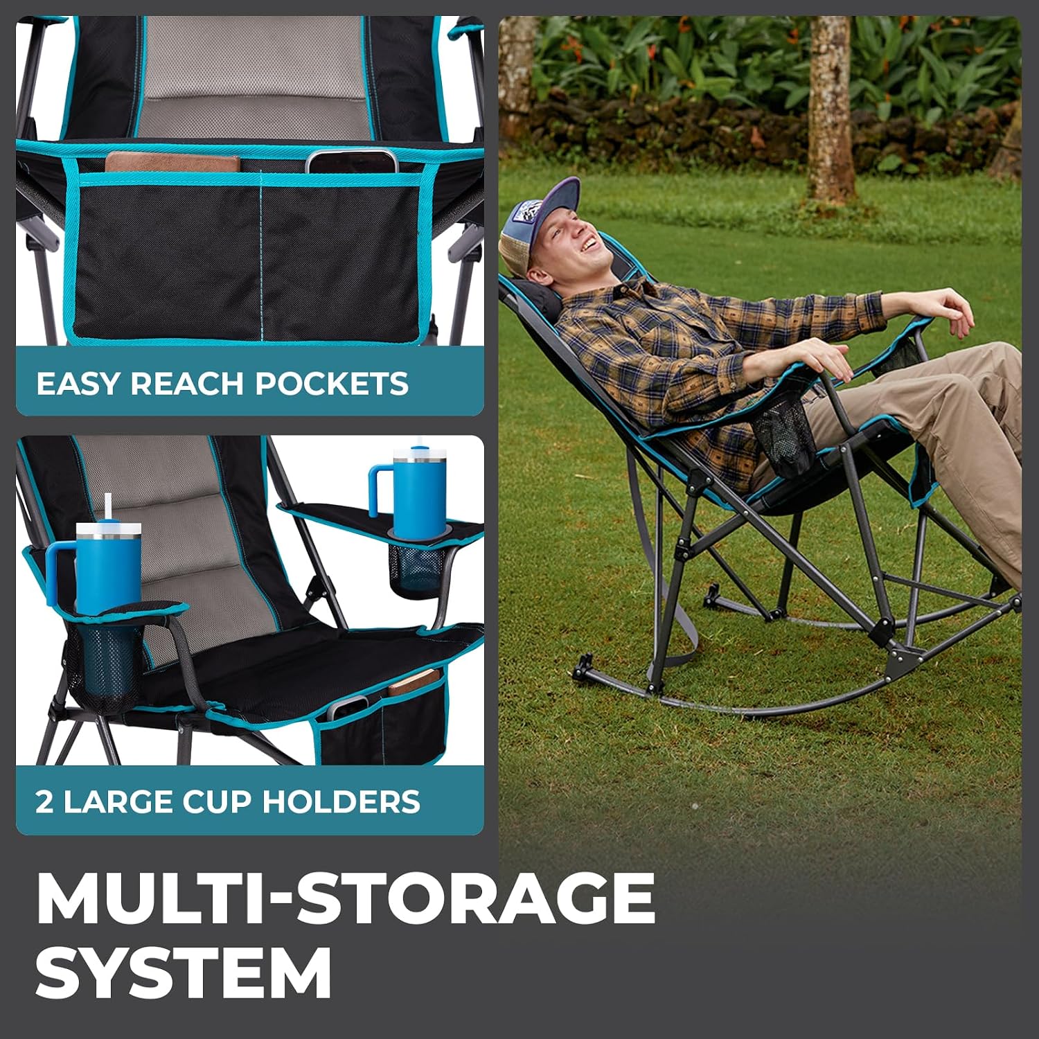 FUNDANGO Oversized Rocking Camping Chair for Adults, High Back Padded Folding Lawn Chairs with Pillows, Wide Armrest, 2 Cup Holders, Carry Bag for Patio Garden Outdoor Supports 440Lbs (Black)