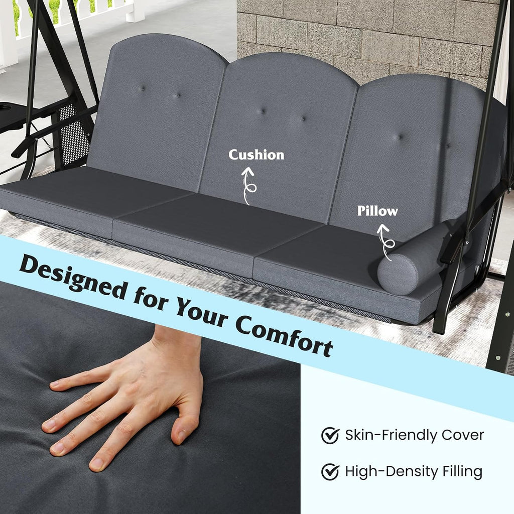 Tangkula 3 Person Porch Swing, Outdoor Swing with Adjustable Canopy, Thickened Cushions & Pillow, Metal Frame, Foldable Side Tray for Backyard, Garden and Poolside (Grey)