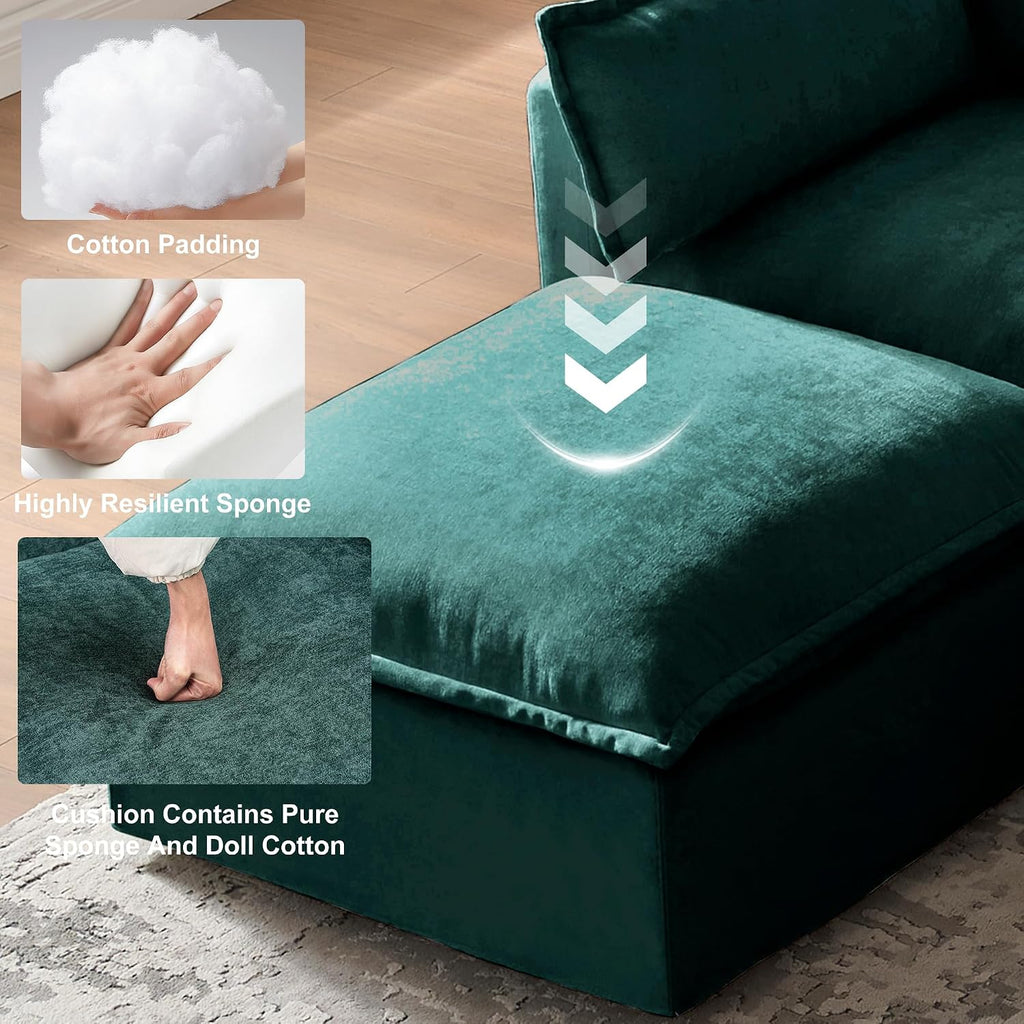 93.31' L-Shaped Couch Sofa with Ottoman, Green, 4 Seats | Modular Sectional