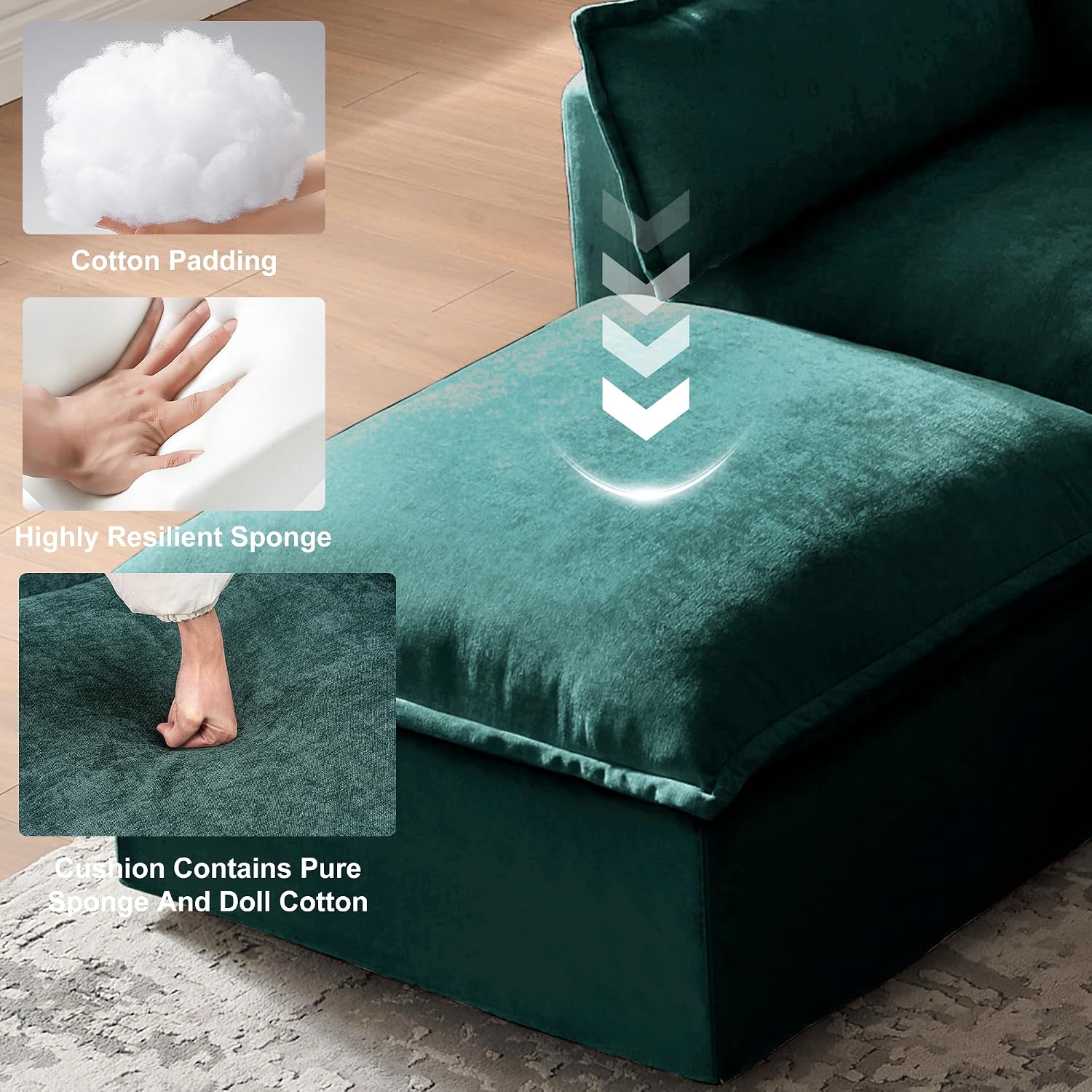 93.31' L-Shaped Couch Sofa with Ottoman, Green, 4 Seats | Modular Sectional