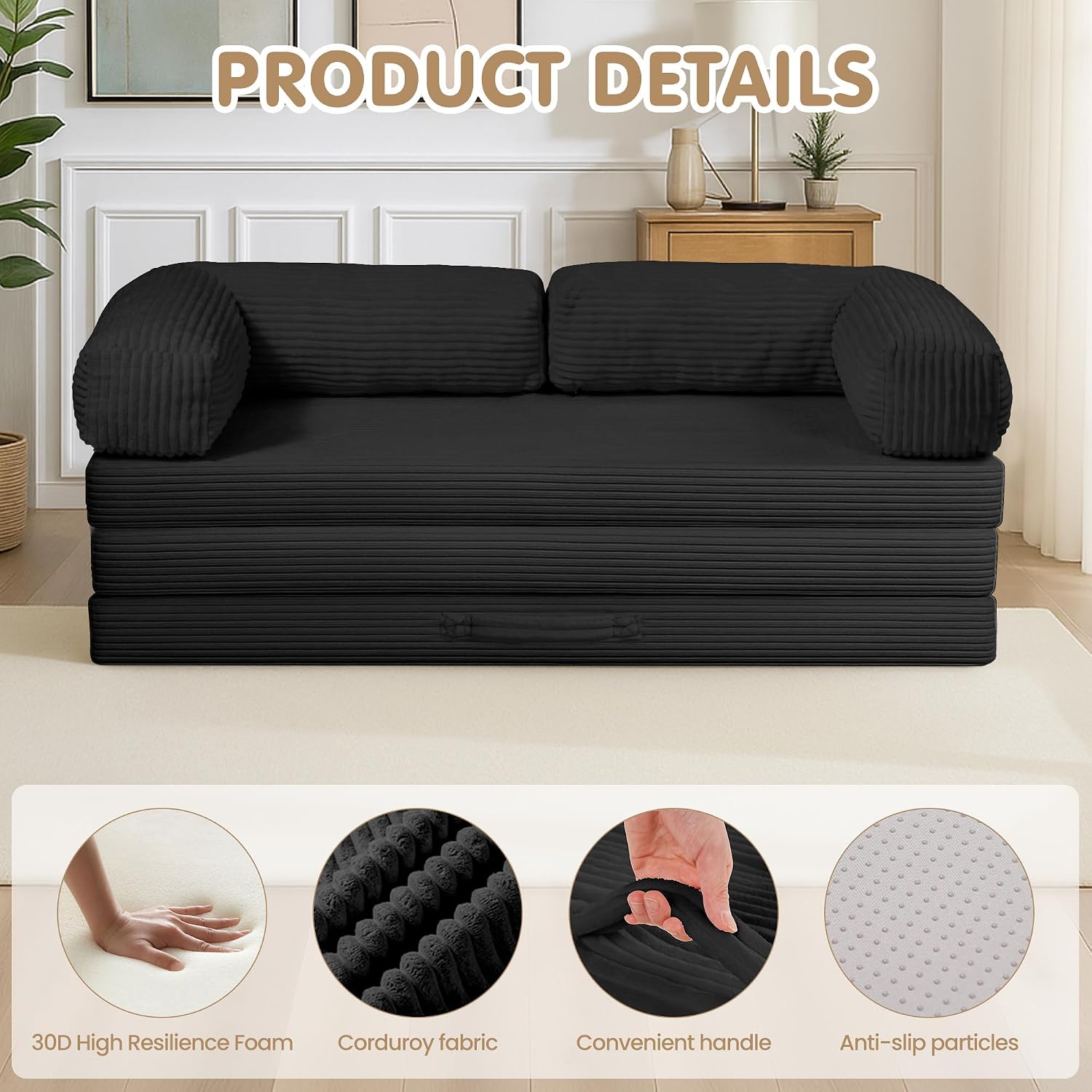 5-in-1 Convertible Sofa Bed,60' Boneless Couch Tri Folding Floor Mattress with Removable L-Shaped Armrests & Handle,Corduroy Futon Couch Sleeper with Pull Out Bed for Living Room Bedroom Apartment
