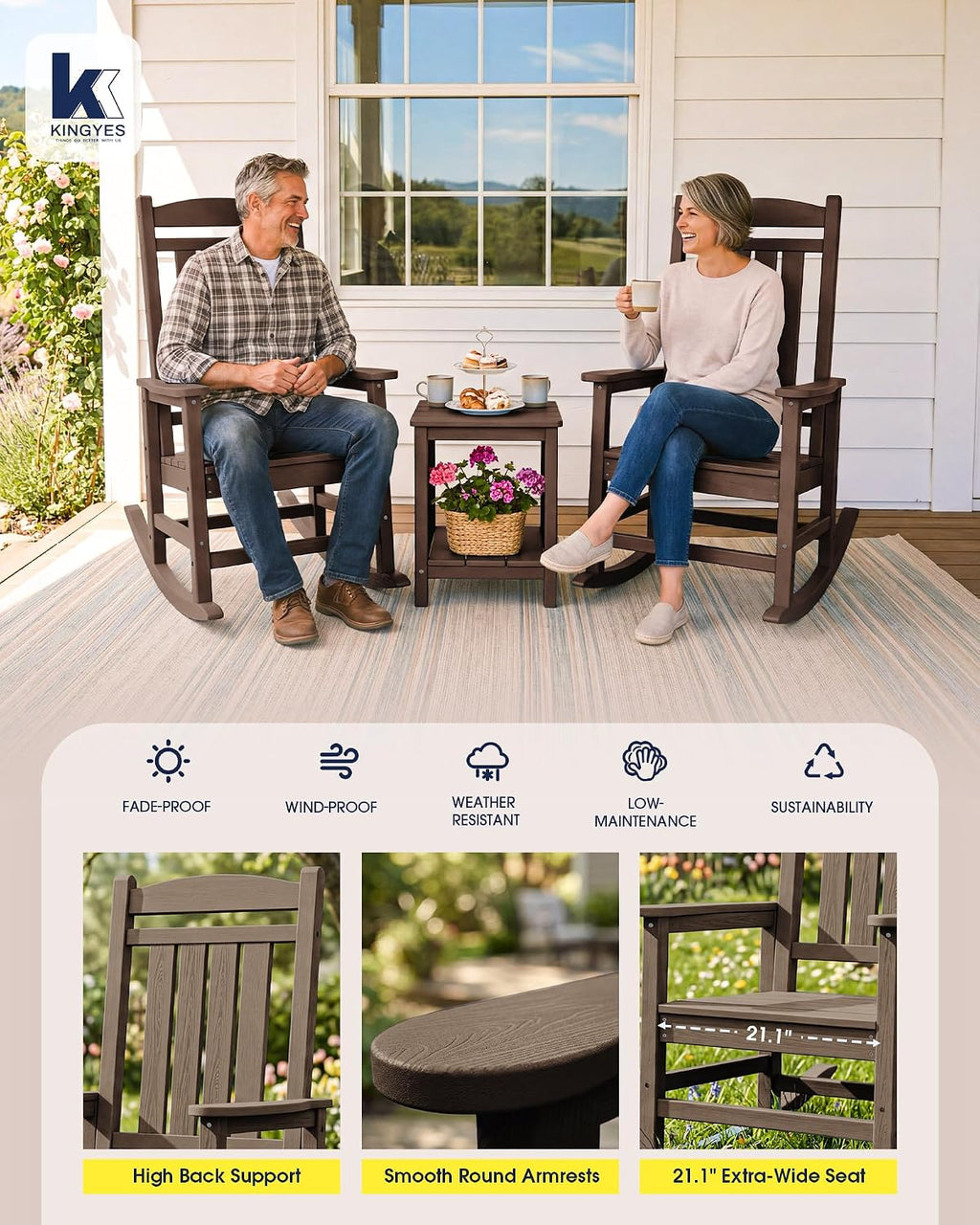 KINGYES Oversized HDPE Rocking Chairs Outdoor, Patio Rocking Chairs with 330lbs Support, Smooth Porch Rocker for Deck Lawn Yard, Coffee Brown