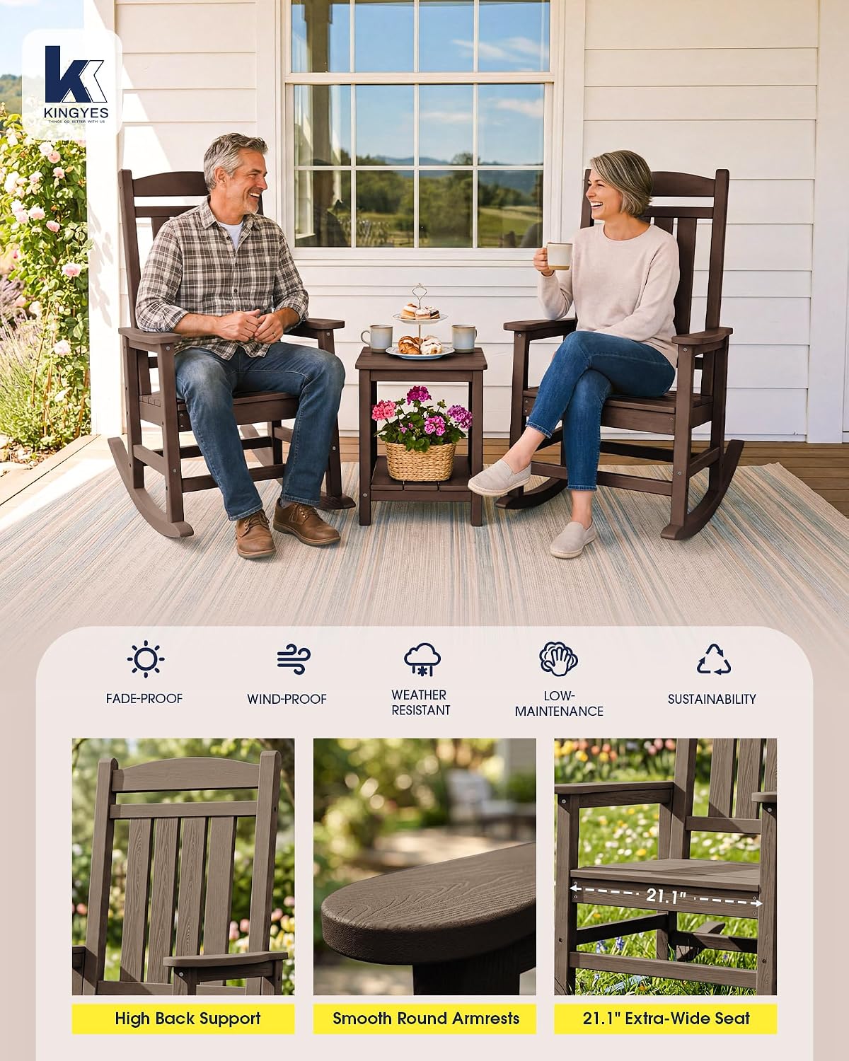 KINGYES Oversized HDPE Rocking Chairs Outdoor, Patio Rocking Chairs with 330lbs Support, Smooth Porch Rocker for Deck Lawn Yard, Coffee Brown