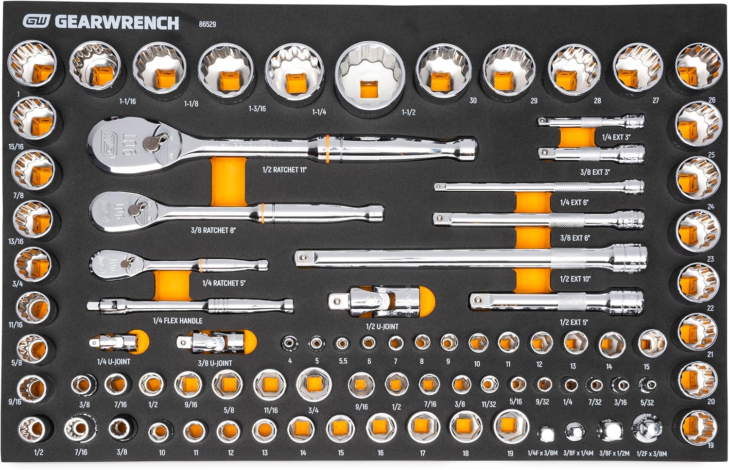 GEARWRENCH 83 Pc. 1/4, 3/8', 1/2' 90-Tooth SAE/Metric Mechanics Tool Set with EVA Foam Tray - 86529