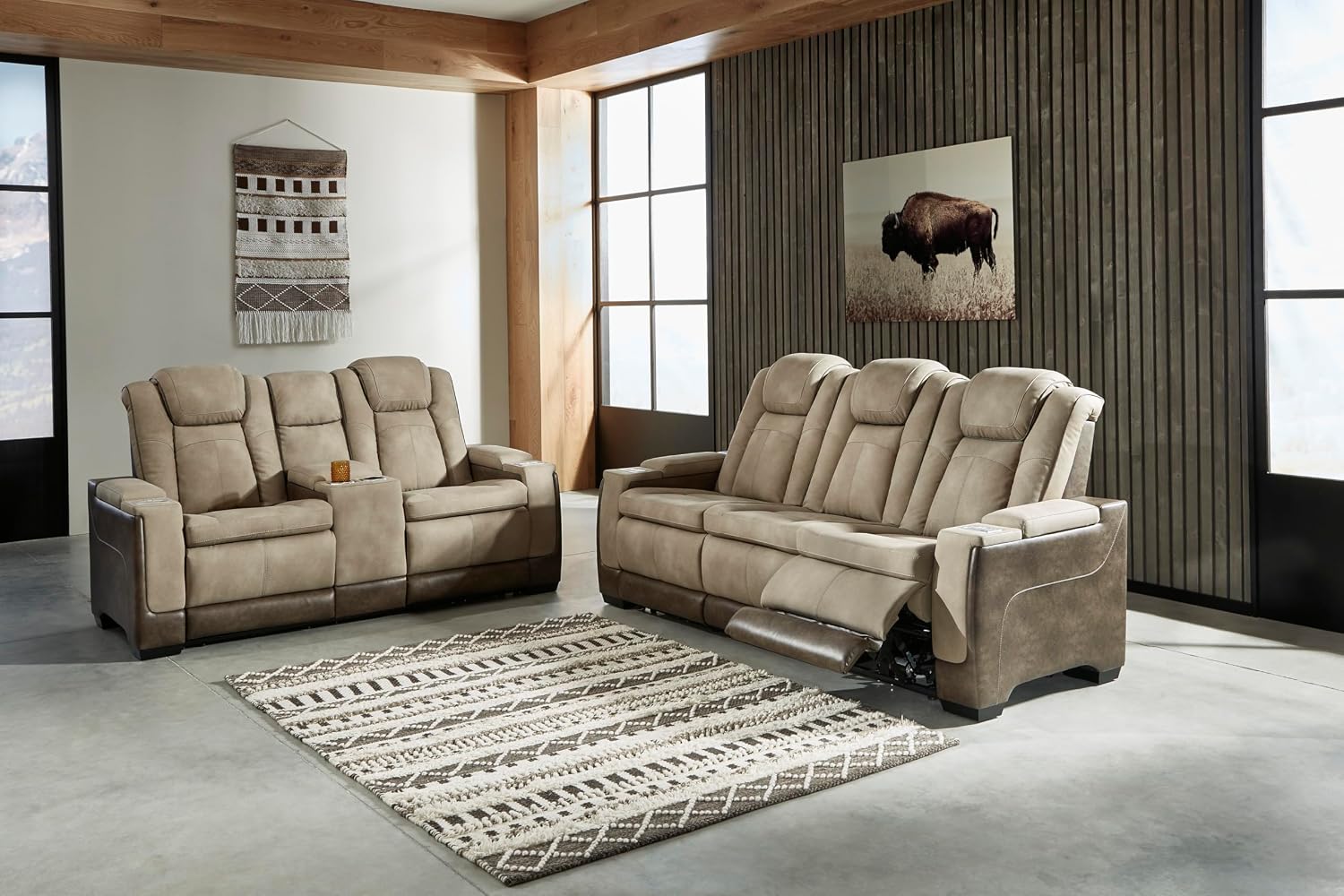 Signature Design by Ashley Next-Gen DuraPella Power Reclining Sofa – Wireless & USB Charging, Zero-Gravity, Adjustable Headrest, Water-Repellent Faux Leather, Drop-Down Table, Beige/Brown, 86'