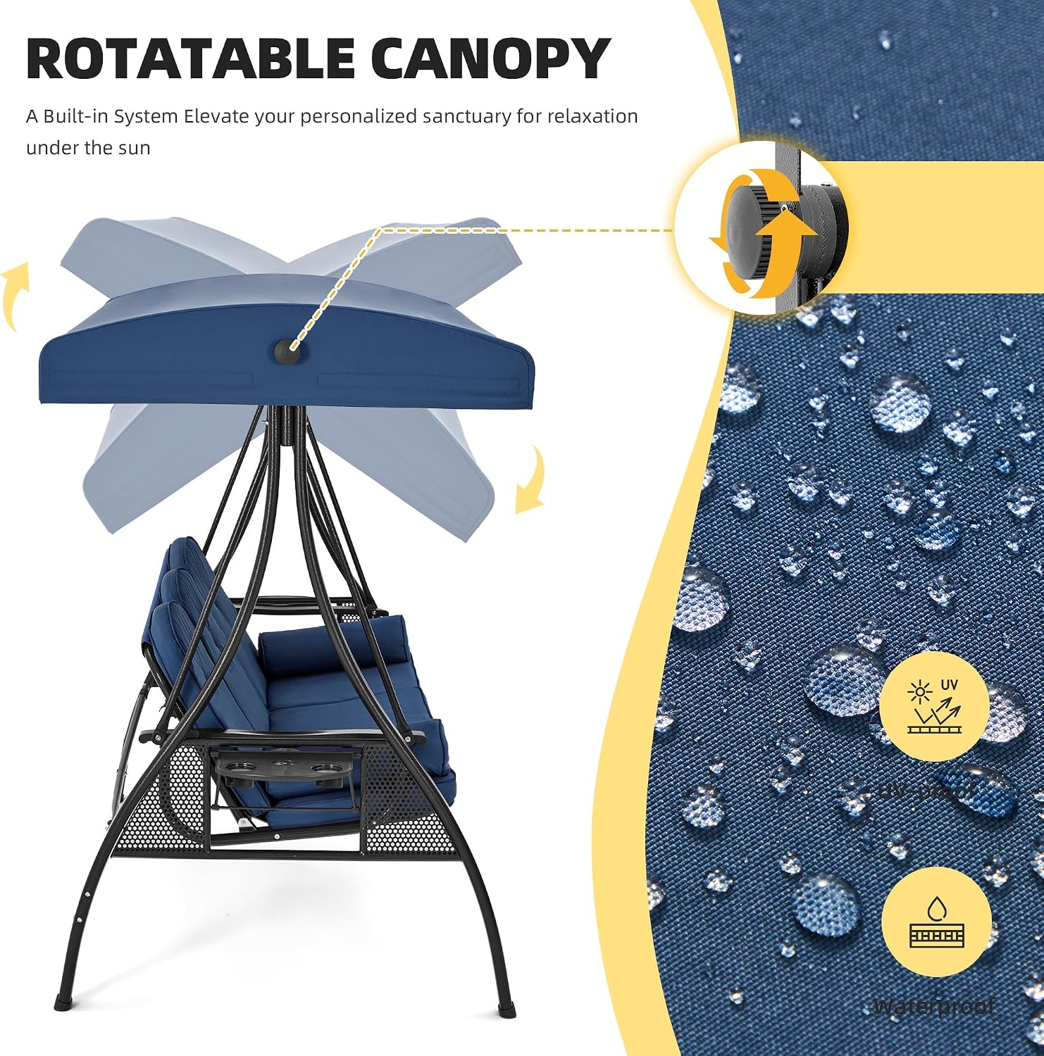 HOMREST 3 Person Outdoor Porch Swing with 1.5' Upgraded Cup Holder, Adjustable Canopy, Backrest, Patio Swing Bed with Weather Resistant Steel Frame, Cushions for Garden,Deck and Poolside(Blue)