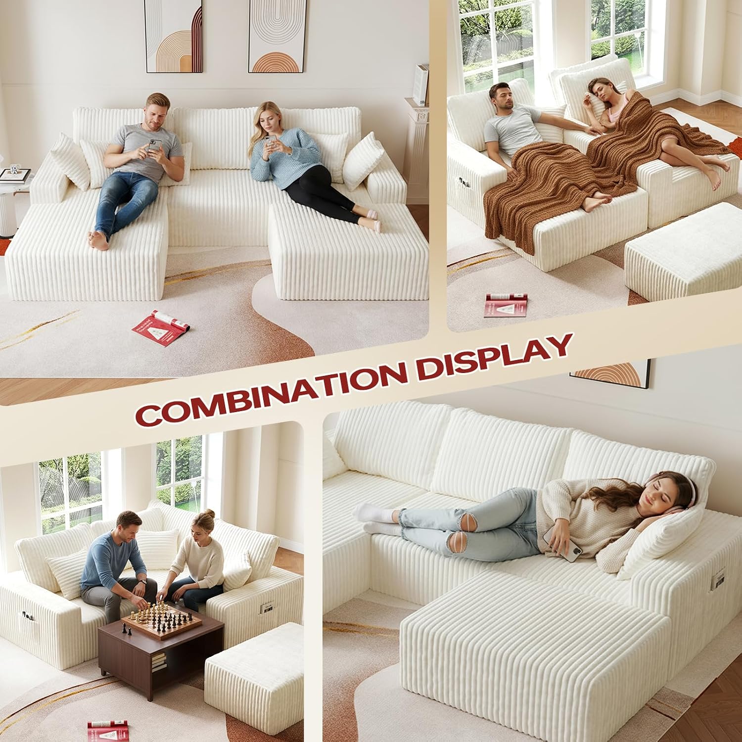 L Shapes Boneless Cloud Couches for Living Room 4-Seat Modular Sectional Couch with Chaise Lounge, Comfy Flannel Fabric Sofa, Including Pillow and Backrest - Removable Washable, No Assembly Required