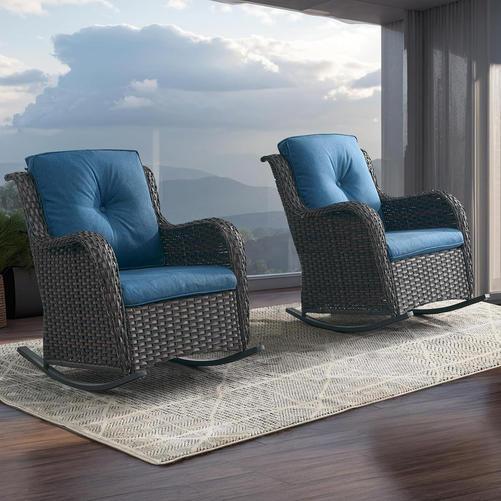 Rilyson Patio Chairs Outdoor Rocking Chair - 2 Piece Wicker Rattan Rocker Chairs Set with High Back and Deep Seating for Porch Deck Garden Backyard(Brown/Blue)