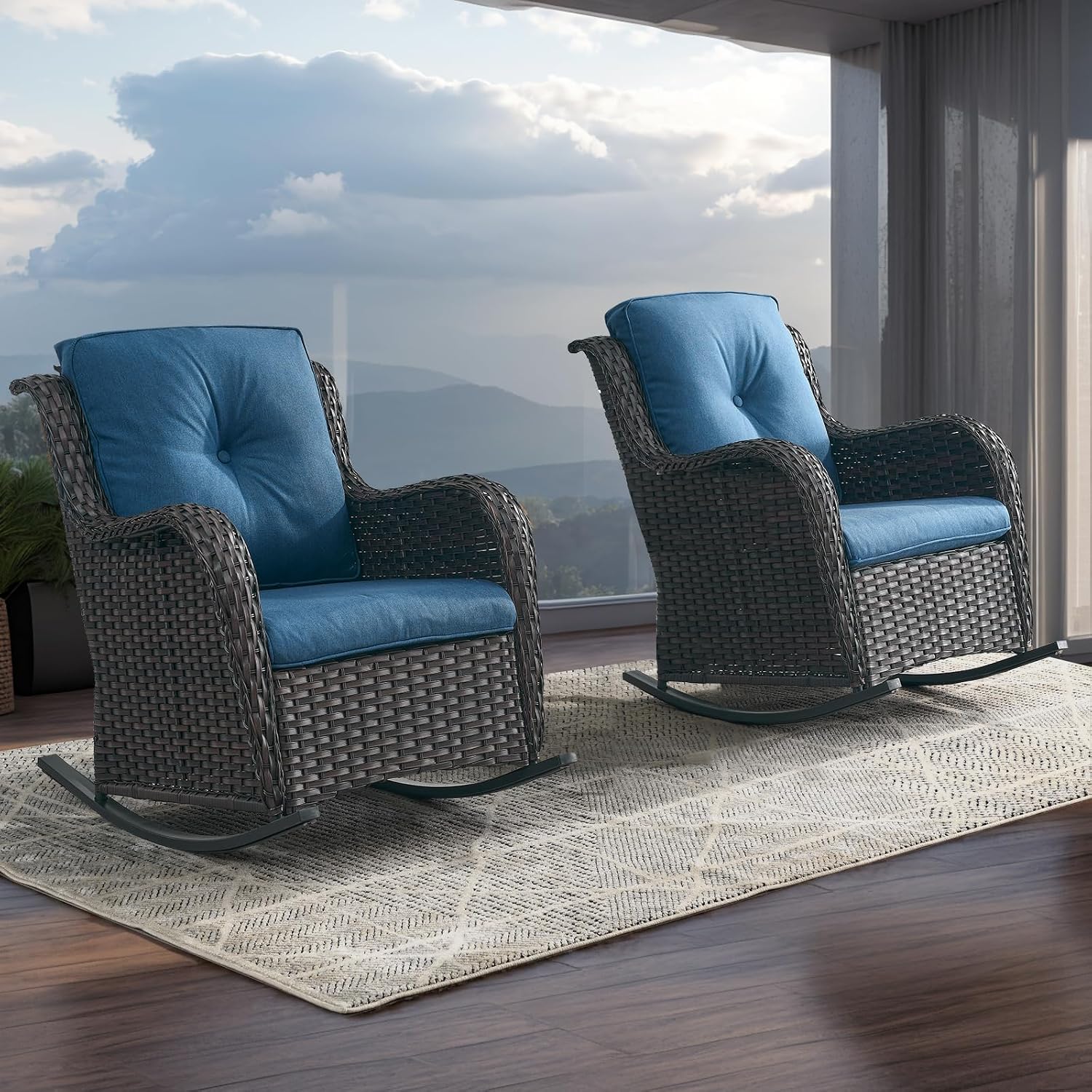 Rilyson Patio Chairs Outdoor Rocking Chair - 2 Piece Wicker Rattan Rocker Chairs Set with High Back and Deep Seating for Porch Deck Garden Backyard(Brown/Blue)