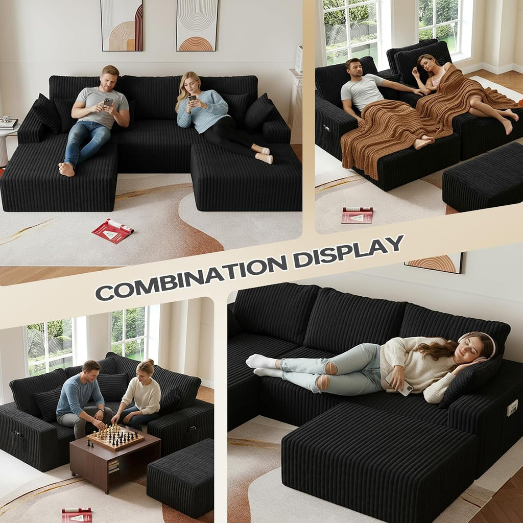 108' U-Shape Modular Sectional Cloud Couch with Ottoman, Deep Seat Boneless Couch with Oversized Chaise Lounge, Comfy Flannel Fabric Sofa for for Living Room Bedroom Apartment Game Room Basement