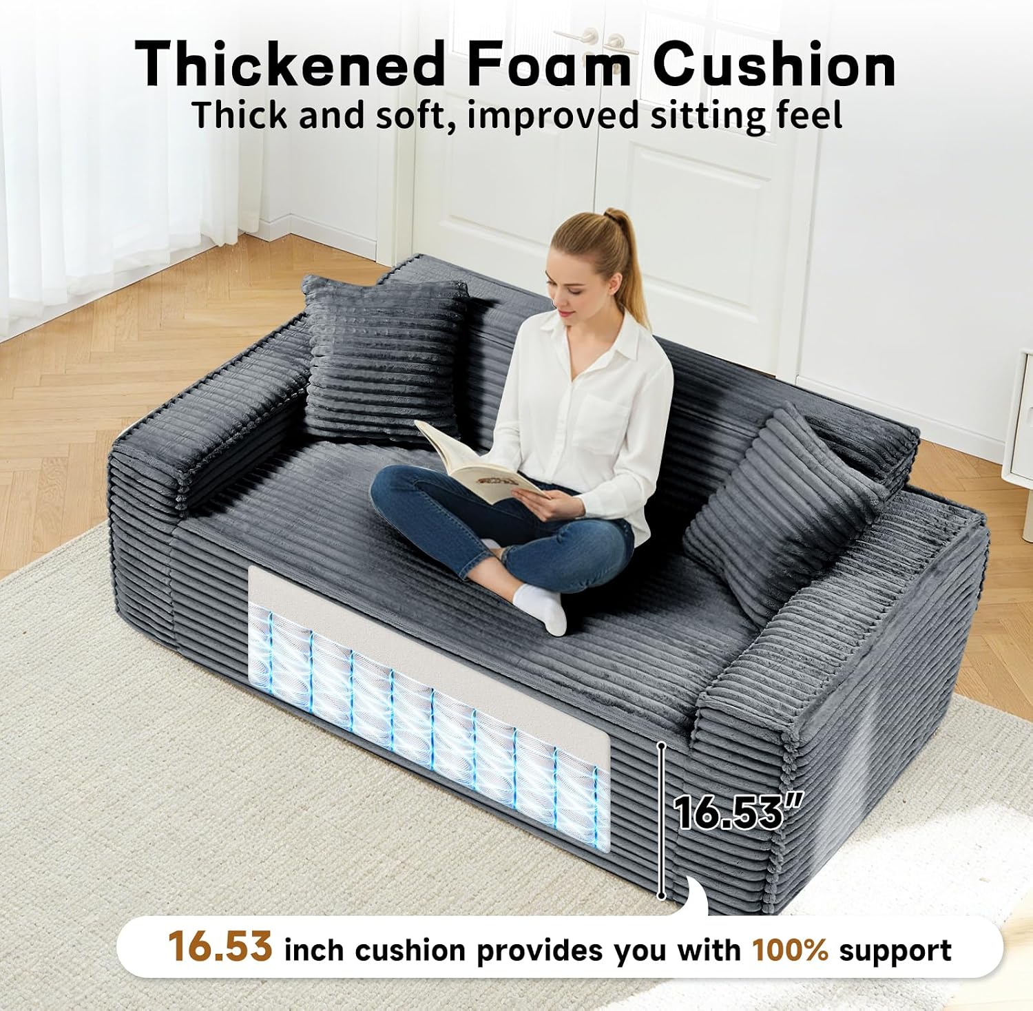 3 Seater Sofa Couch for Living Room (Gray, 38' D + 2 Pillows)
