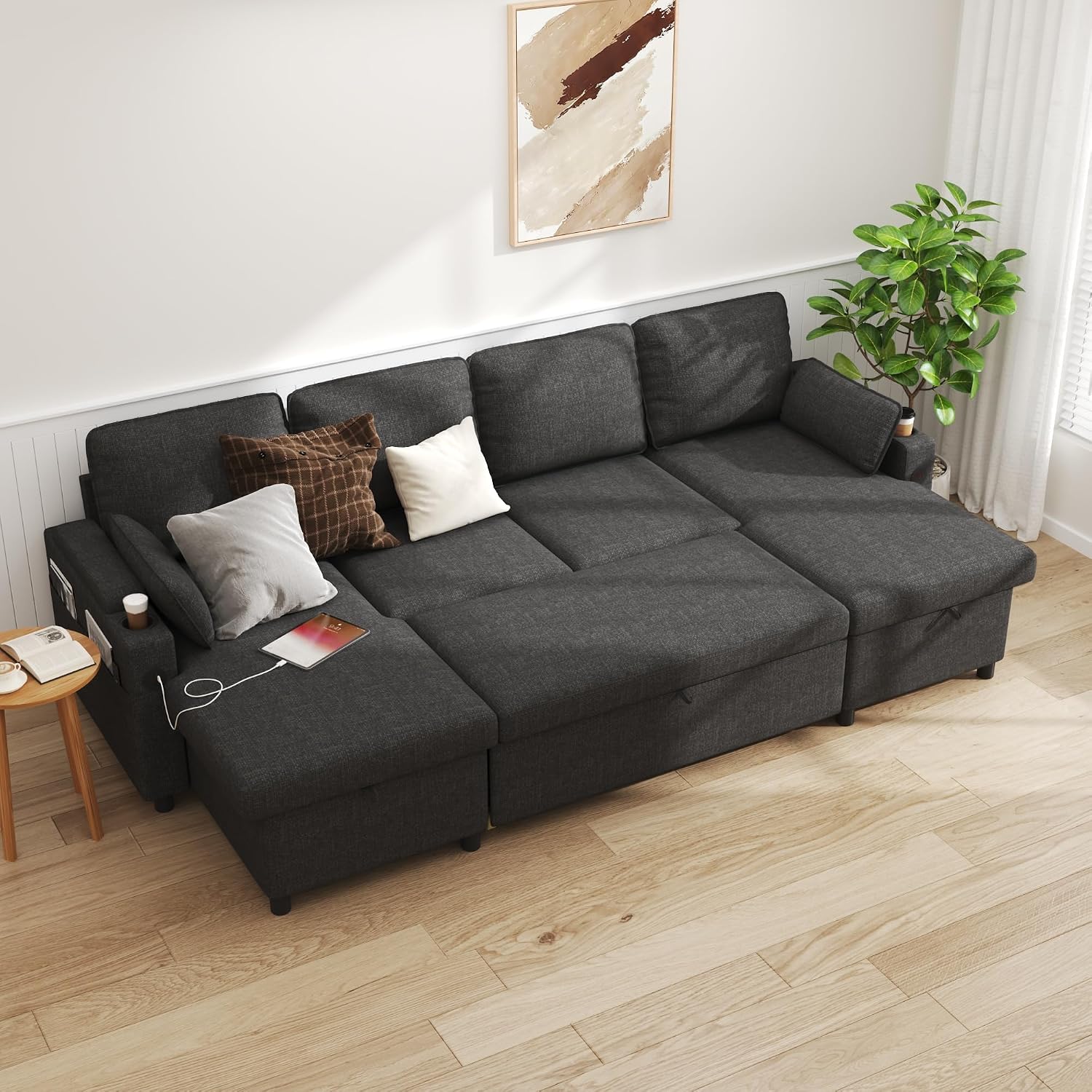 DURASPACE Sofa Bed Pull Out Couch Sleeper with Double Storage Chaise, U Shaped Convertible Sectional Sleeper Sofa for Living Room with USB Charging Ports, Cup Holder (Dark Gray)