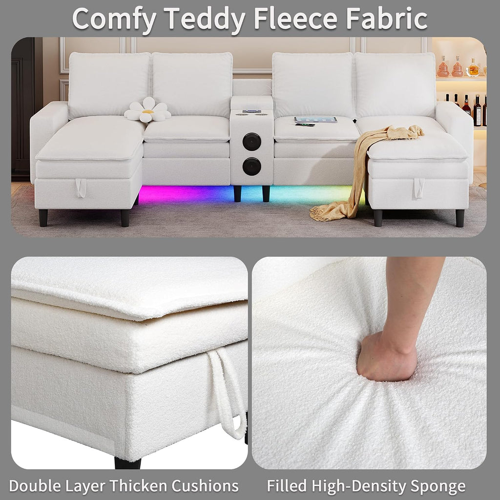 Sectional Couches for Living Room, 4 Seat Sectional Sofa with Smart Module-Bluetooth Speaker/RGB Light/Charging Station, Teddy Fleece U Shaped Cloud Couch with Storage Ottoman (White)