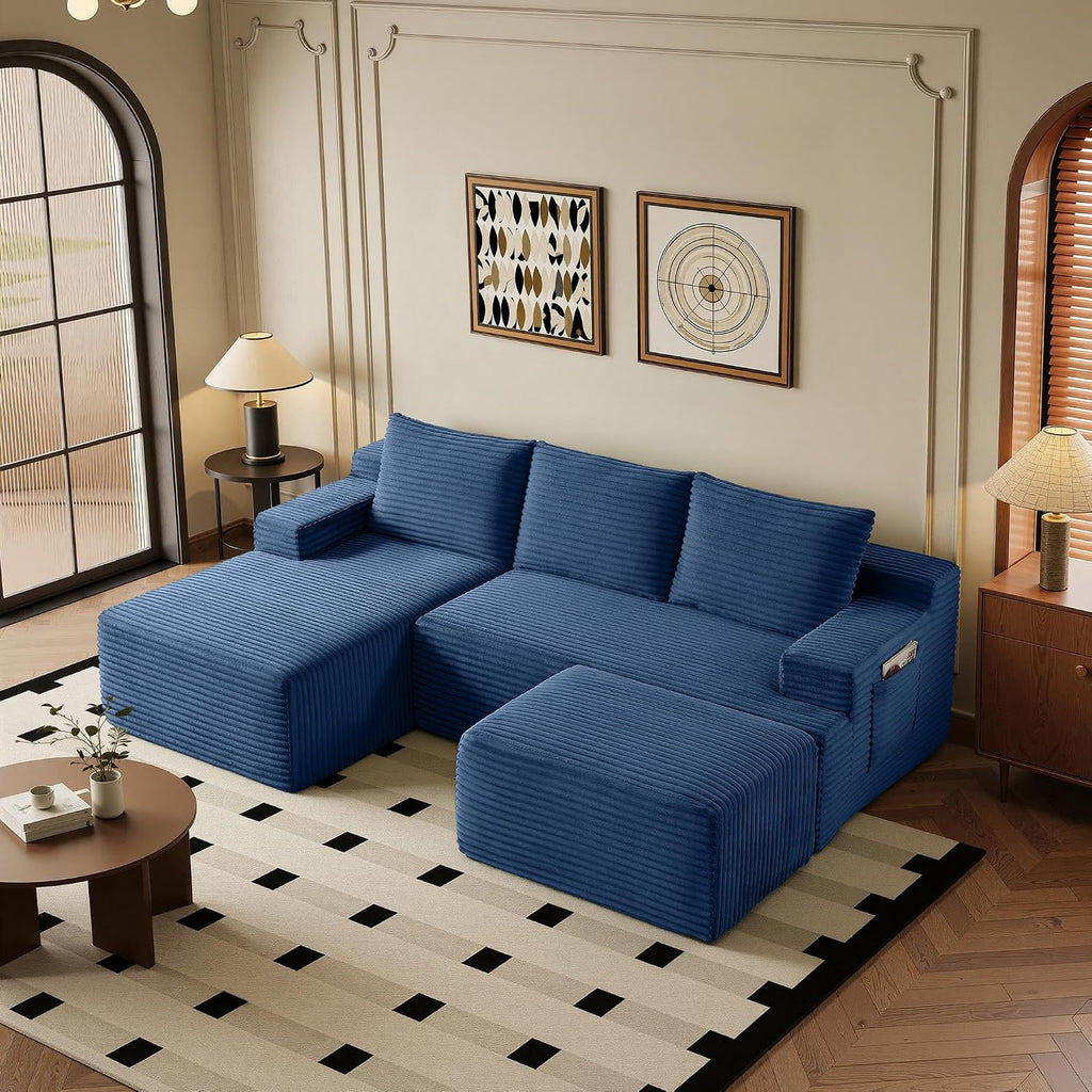 96' Sectional Couches for Living Room Cloud Couch Sofa with L-Shape Upholstered Boneless Couchs Modern Modular Sectional Couch with Chaise (Bule, 96' W+Left Facing Chaise+2Seaters+Ottoman)
