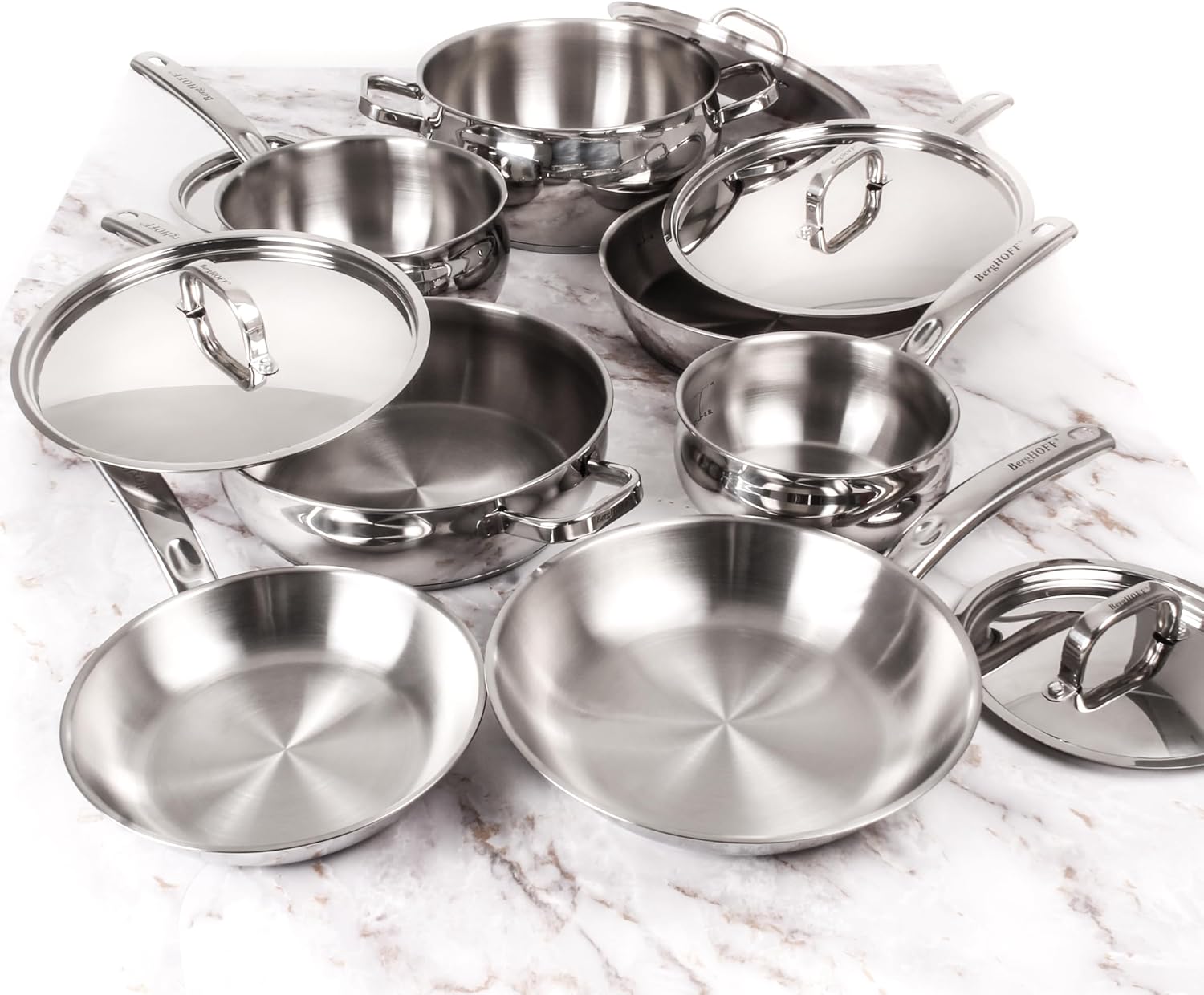 BergHOFF Belly Shape 18/10 Stainless Steel 12Pc Cookware Set, Metal Lids, Fast, Evenly Heat, Induction Cooktop Ready