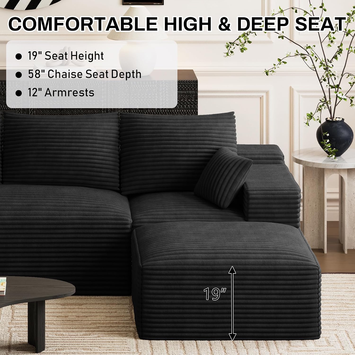 108' Oversized L-Shaped Sectional Couches for Living Room, Comfy Fluffy Corduroy Black Boneless Cloud Couch with Ottoman, Plush Memory Foam Modular Sectional Sofa for Small Spaces