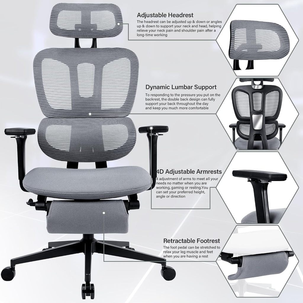 Ergonomic Mesh Office Chair with Retractable Footrest - High Back Computer Chair, Lumbar Support, Adjustable Armrest and Headrest, Durable Base - Multifunctional Home Office Desk Chair for Adults