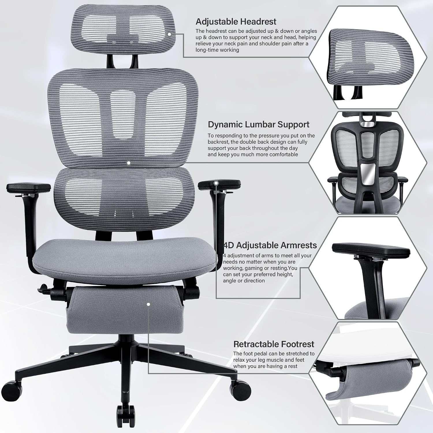 Ergonomic Mesh Office Chair with Retractable Footrest - High Back Computer Chair, Lumbar Support, Adjustable Armrest and Headrest, Durable Base - Multifunctional Home Office Desk Chair for Adults