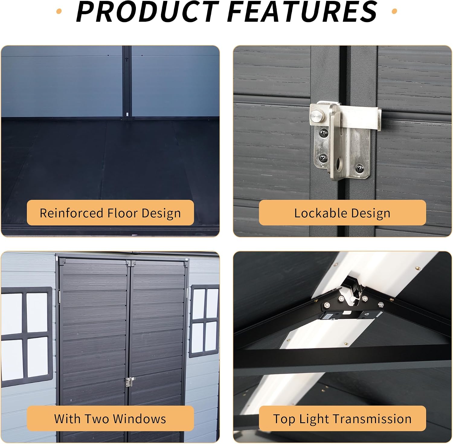 Outdoor Storage Shed, 8x6FT Plastic Storage Shed with 2 Windows and Lockable Door for Garden Tools, Bike, Lawnmower, Grey and Black