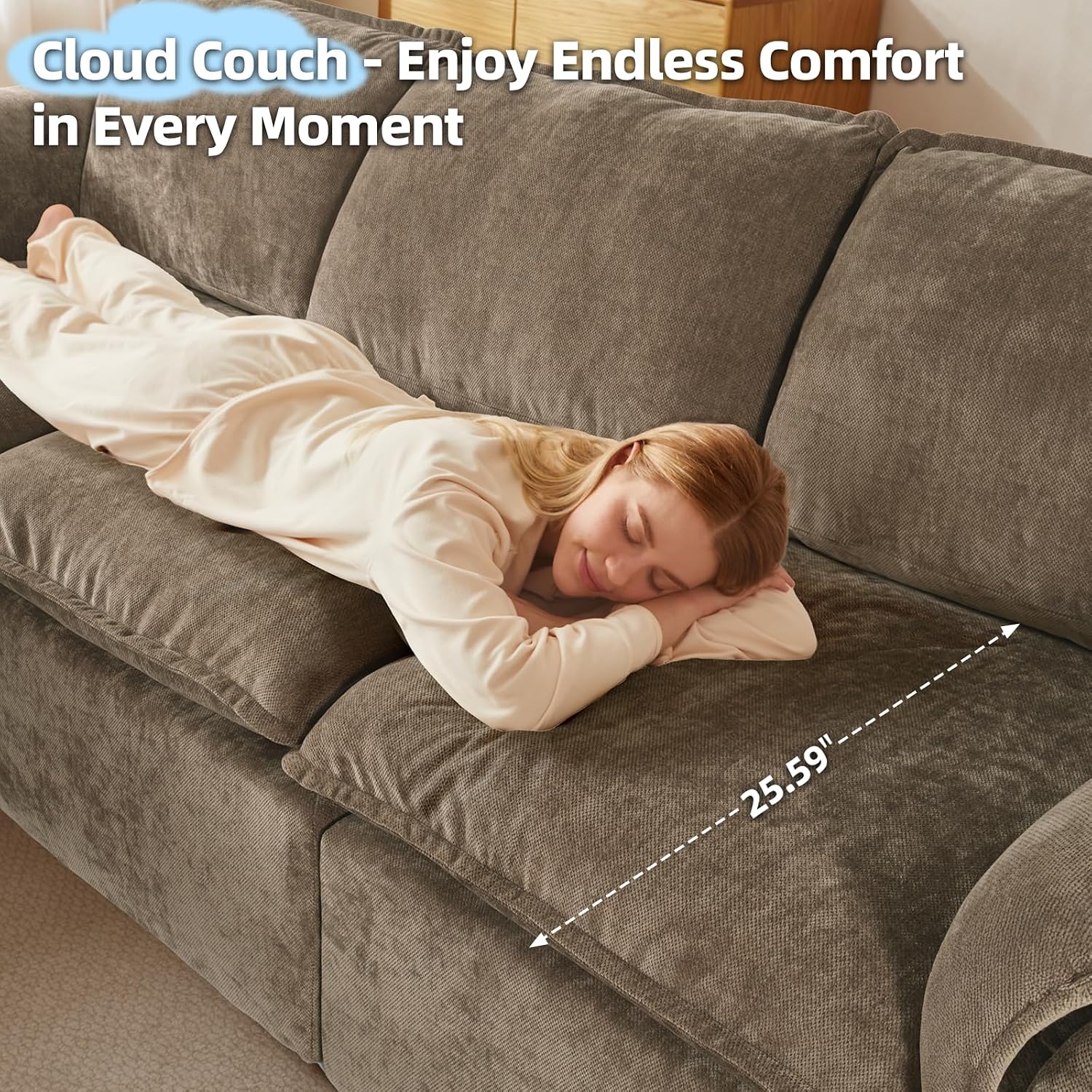 HALLYBEE 112' Cloud Couch Sectional with Padded Armrests & Moveable Ottoman Boneless Sectional Couches for Living Room Brown Couch, No Assembly Required