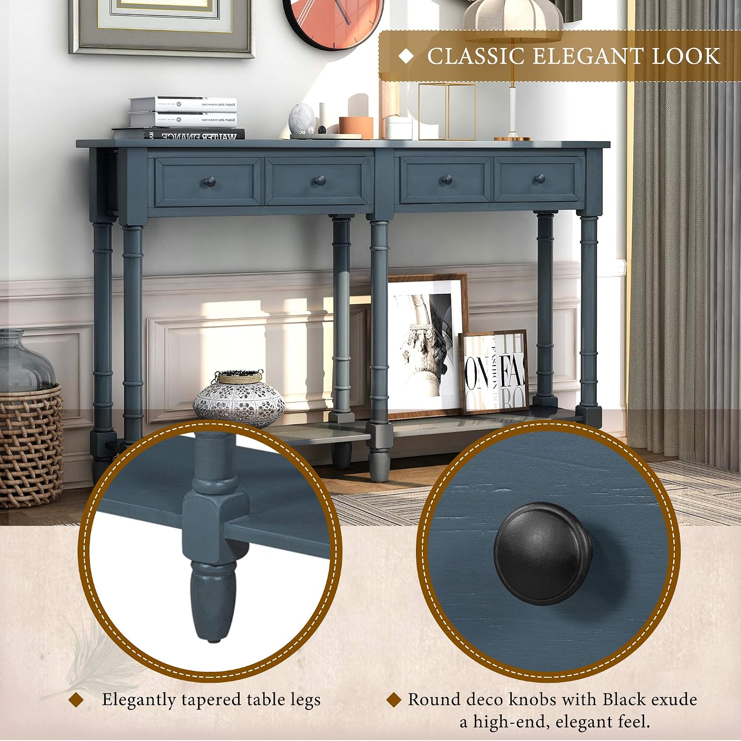 Merax Console Table Sofa Table with Two Storage Drawers and Bottom Shelf for Living Room, Entryway, Easy Assembly (Antique Navy)