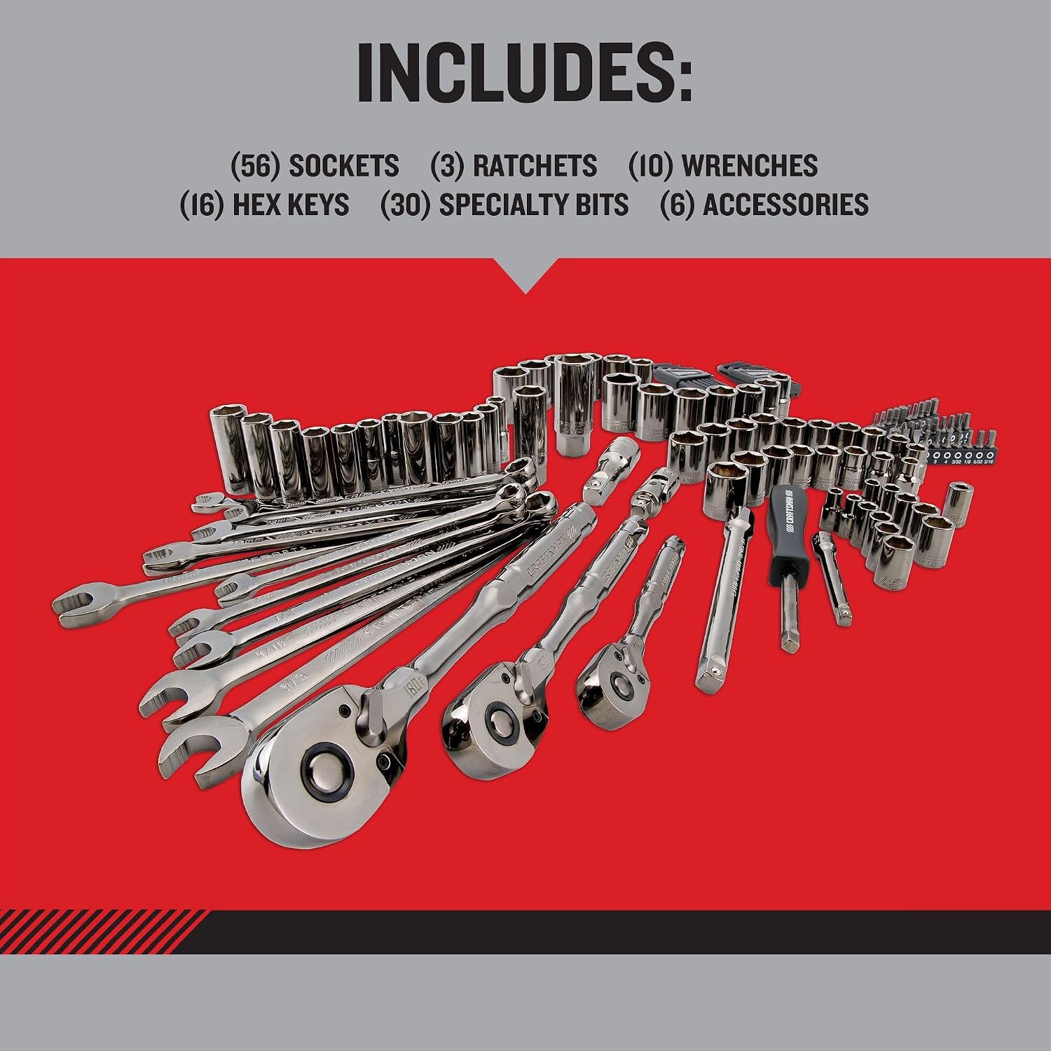 CRAFTSMAN OVERDRIVE 121-Piece Gunmetal Chrome Mechanics Tool Set, Standard SAE/Metric Socket Set, with Hard Case (CMMT99121L)